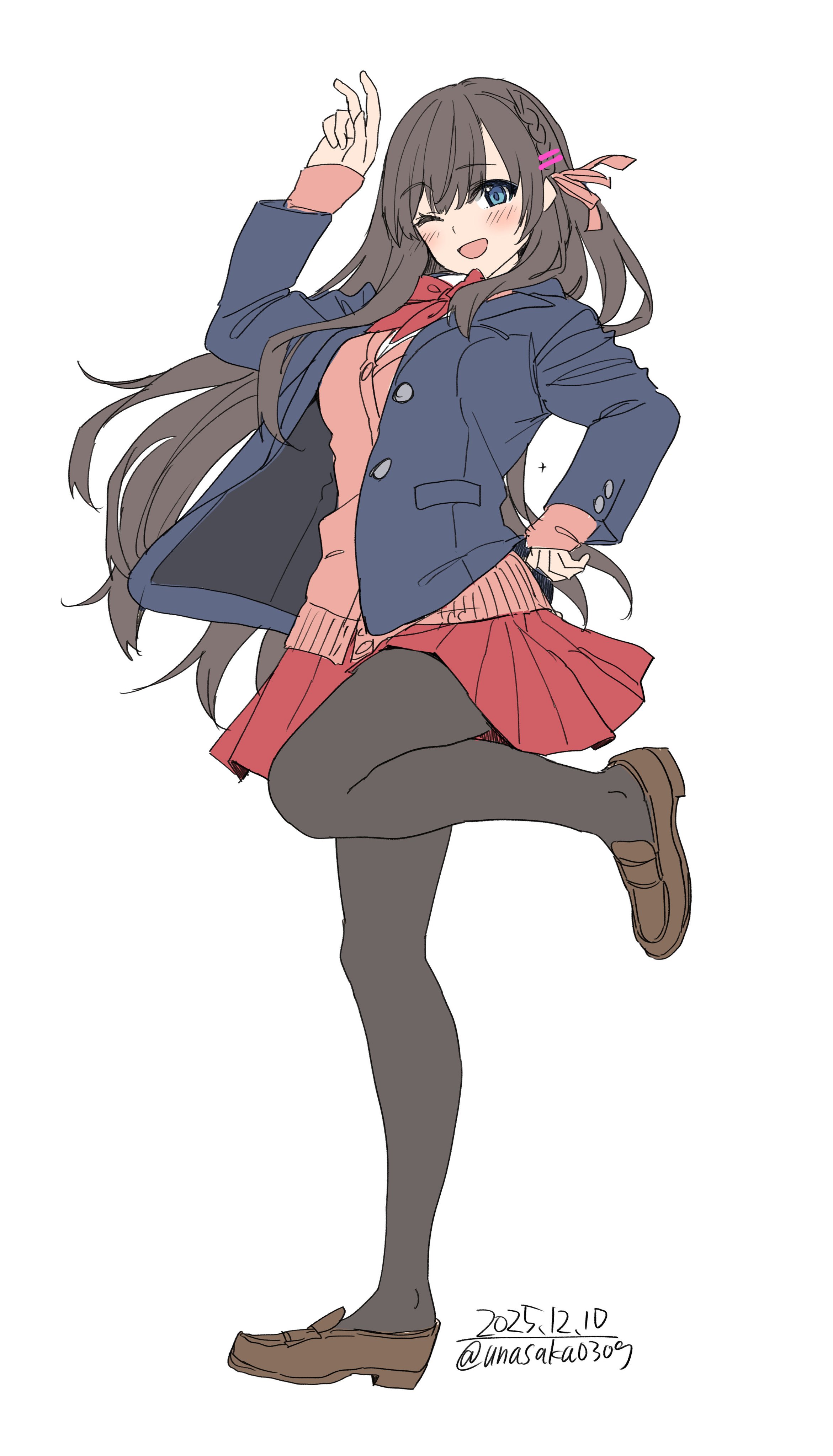 unasaka ryou, original, absurdres, highres, 1girl, black pantyhose, blazer, blue eyes, blue jacket, blush, bow, braid, breasts, brown hair, cardigan, collared shirt, hair ribbon, jacket, long hair, long sleeves, looking at viewer, one eye closed, open clothes, open jacket, open mouth, pantyhose, pink cardigan, pink ribbon, pleated skirt, red bow, red skirt, ribbon, school uniform, shirt, shoes, simple background, skirt, smile, solo, standing, standing on one leg, white background, white shirt