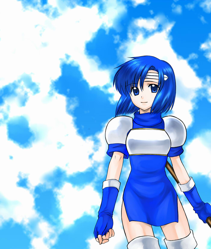 bo (774berry), catria (fire emblem), fire emblem, fire emblem: mystery of the emblem, nintendo, pegasus knight uniform (fire emblem), 1girl, armor, armored dress, blue eyes, blue hair, dress, female focus, fingerless gloves, gloves, headband, matching hair/eyes, polearm, short hair, smile, solo, spear, thighhighs, weapon