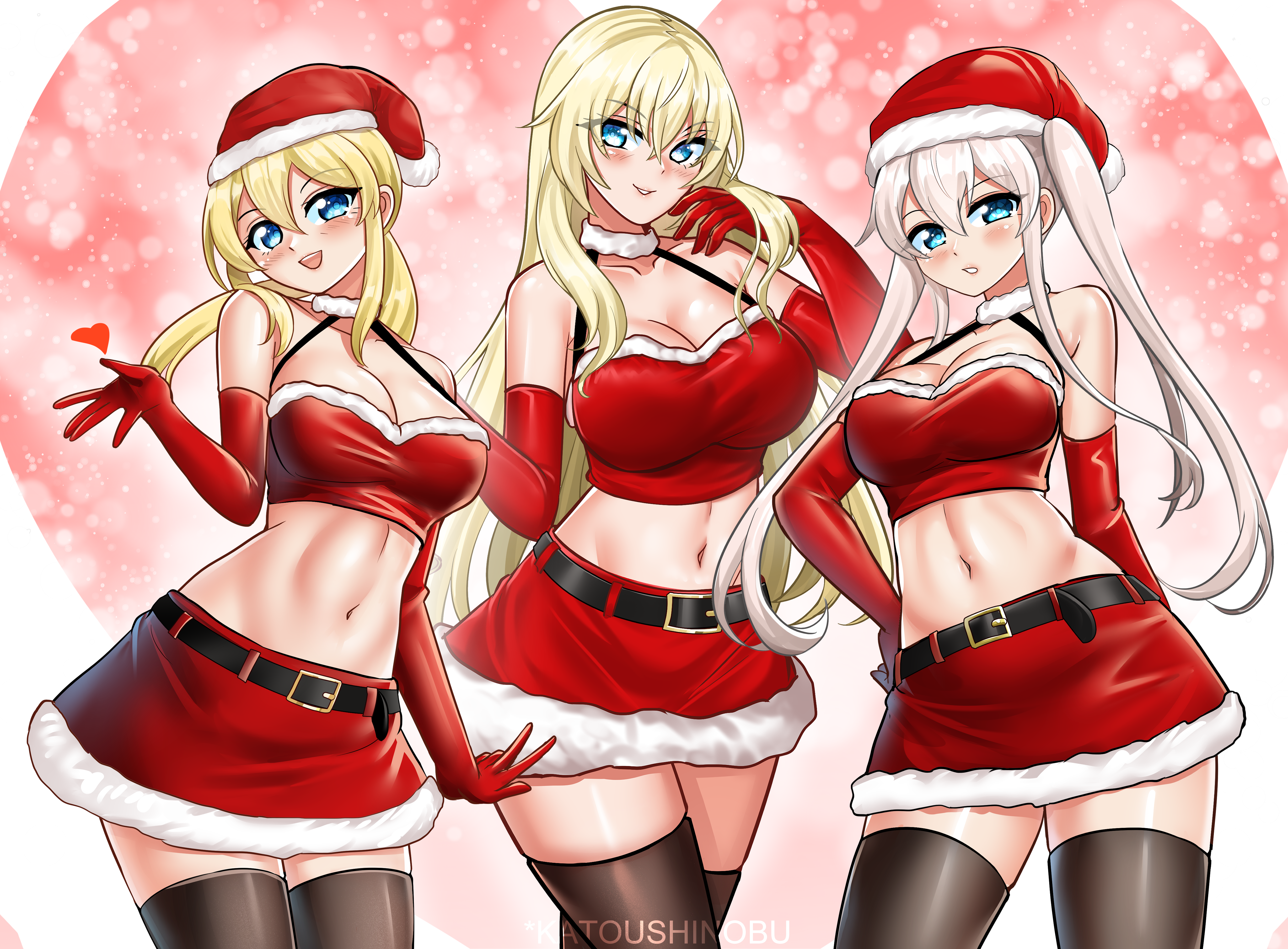 katou shinobu, bismarck (kancolle), graf zeppelin (kancolle), prinz eugen (kancolle), kantai collection, absurdres, highres, 3girls, alternate costume, bandeau, belt, black belt, black thighhighs, blonde hair, blue eyes, breasts, cleavage, cowboy shot, elbow gloves, fur-trimmed headwear, fur-trimmed skirt, fur trim, gloves, hair between eyes, hat, heart, large breasts, long hair, looking at viewer, low twintails, midriff, multiple girls, navel, open mouth, red bandeau, red gloves, red hat, santa costume, sidelocks, skirt, smile, thighhighs, twintails, twitter username