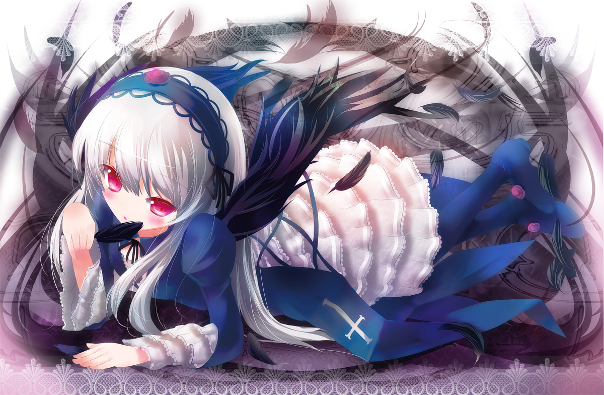taharu kousuke, suigintou, rozen maiden, 00s, 1girl, feathers, female focus, flower, pink eyes, rose, solo, wings