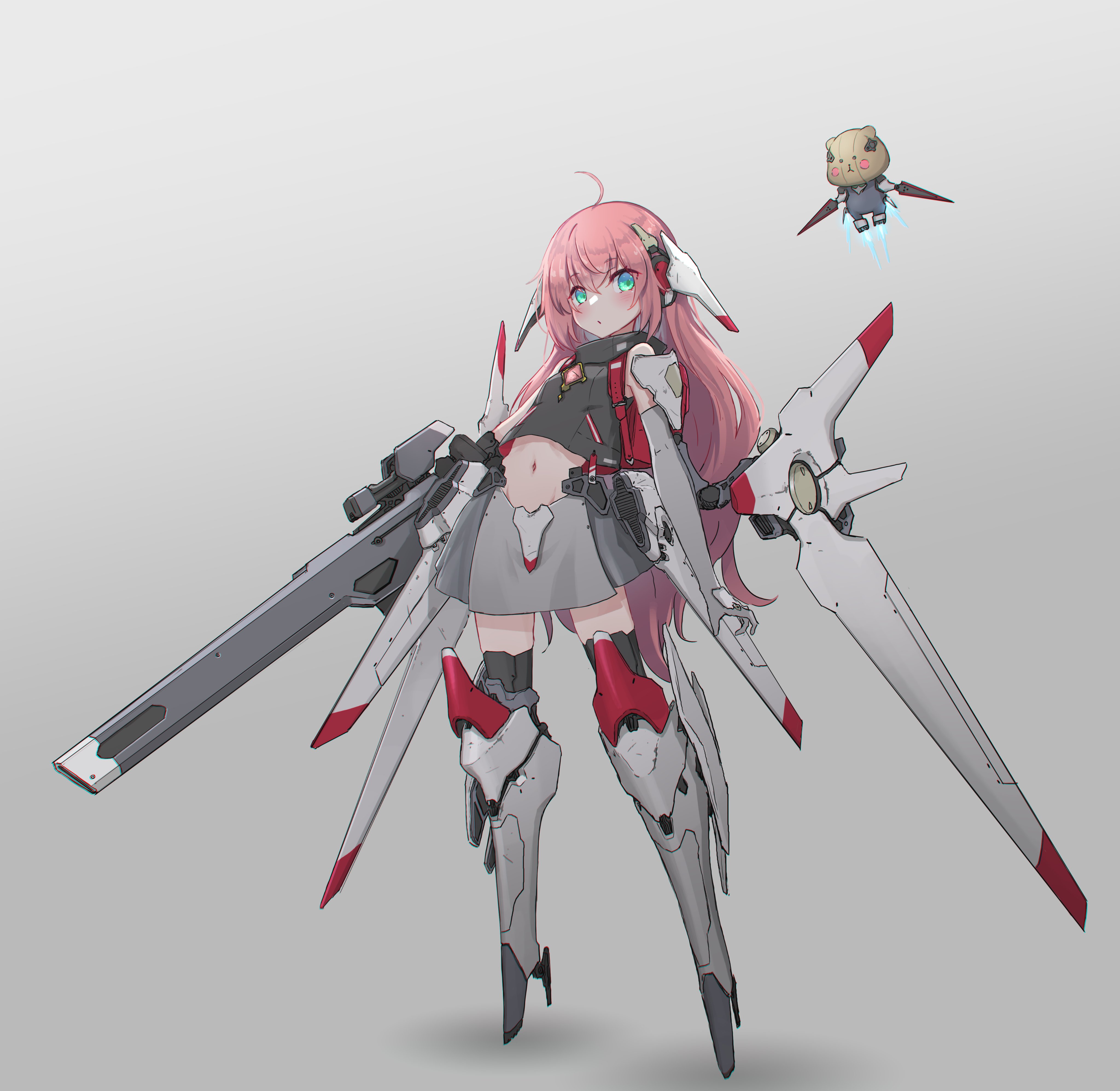 oota youjo, indie virtual youtuber, absurdres, highres, official art, 1girl, ahoge, aqua eyes, armored boots, black shirt, boots, ear protection, elbow gloves, energy gun, gloves, grey background, grey gloves, grey skirt, hikari riria, long hair, mecha musume, midriff, navel, pink hair, shirt, skirt, virtual youtuber, weapon