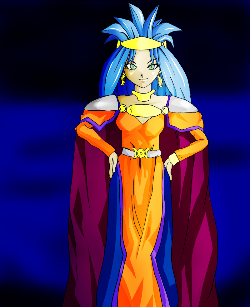 queen zeal, chrono (series), chrono trigger, 1990s (style), blue hair, cape, crown, dress, earrings, green eyes, jewelry, long hair