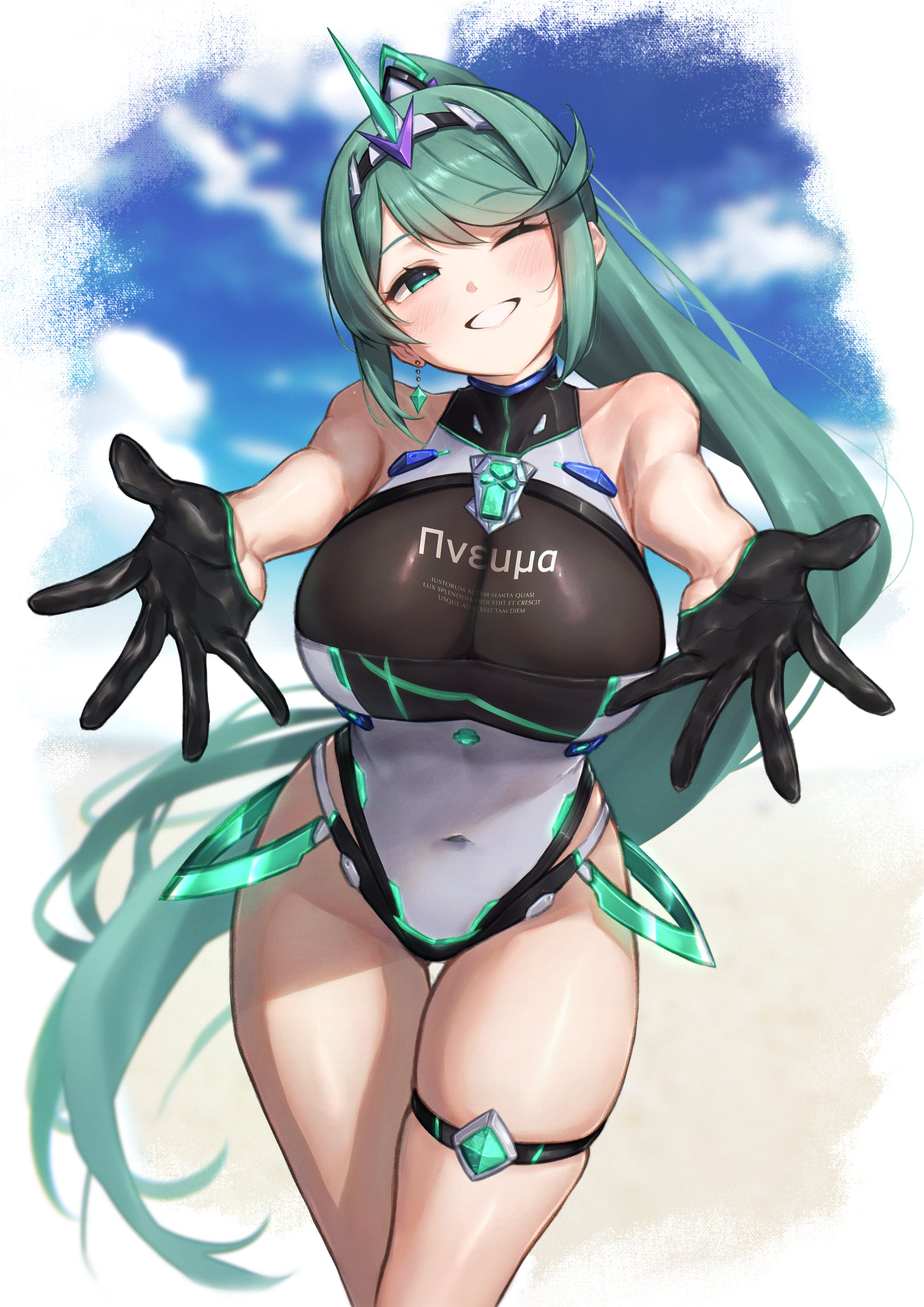 hakusai (hksicabb), pneuma (xenoblade), xenoblade chronicles (series), xenoblade chronicles 2, breasts, green hair, grey hair, large breasts, one-piece swimsuit, ponytail, solo, swimsuit