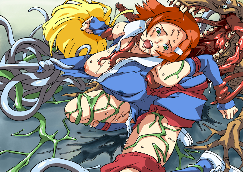 lolita channel, overman king gainer, 00s, blue eyes, breasts, censored, cheerleader, clothes pull, large breasts, monster sex, nipples, pants, pants pull, red hair, tentacles