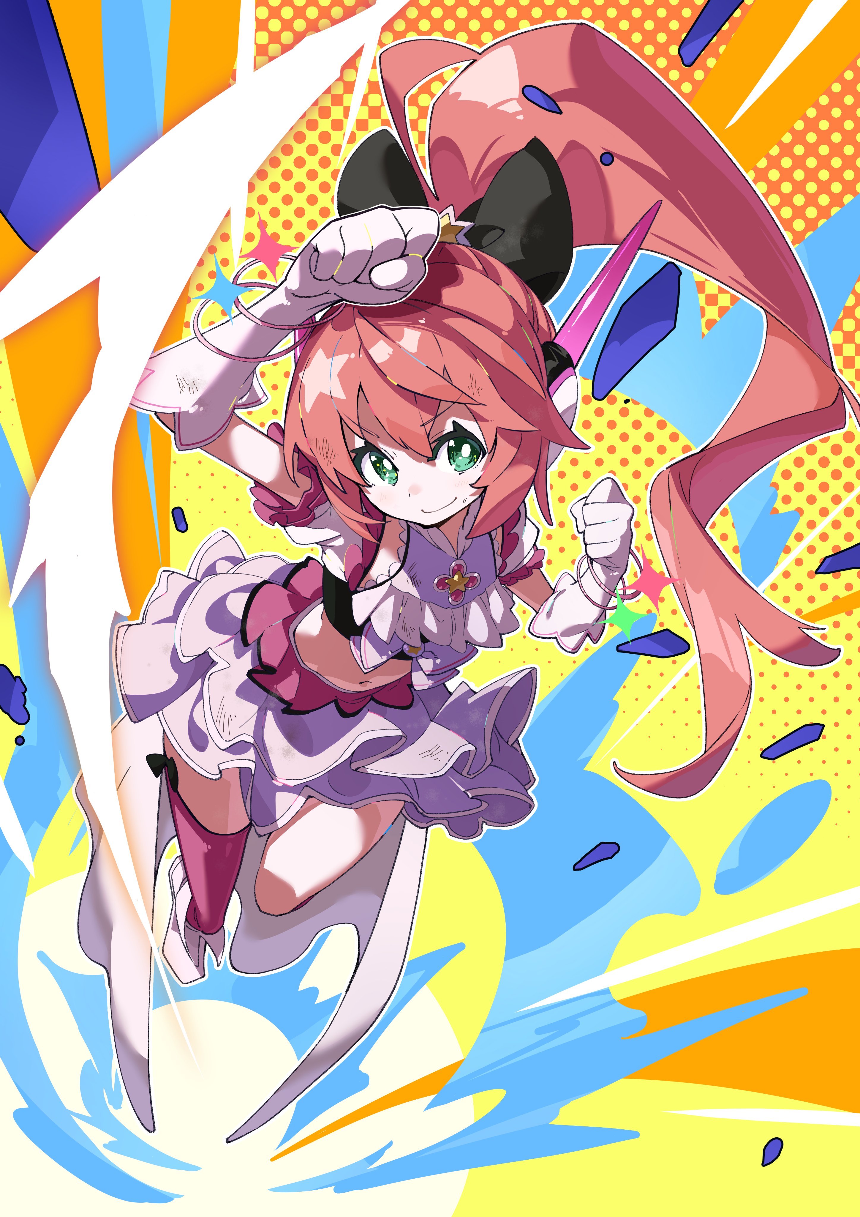 ushiki yoshitaka, indie virtual youtuber, absurdres, commentary request, highres, official art, 1girl, aqua eyes, black bow, bow, closed mouth, ear protection, elbow gloves, frilled skirt, frills, from above, gloves, hair bow, high ponytail, hikari riria, long hair, magical girl, midriff, multicolored skirt, navel, pink hair, pink skirt, pink thighhighs, ponytail, purple shirt, purple skirt, shirt, skirt, solo, thighhighs, virtual youtuber