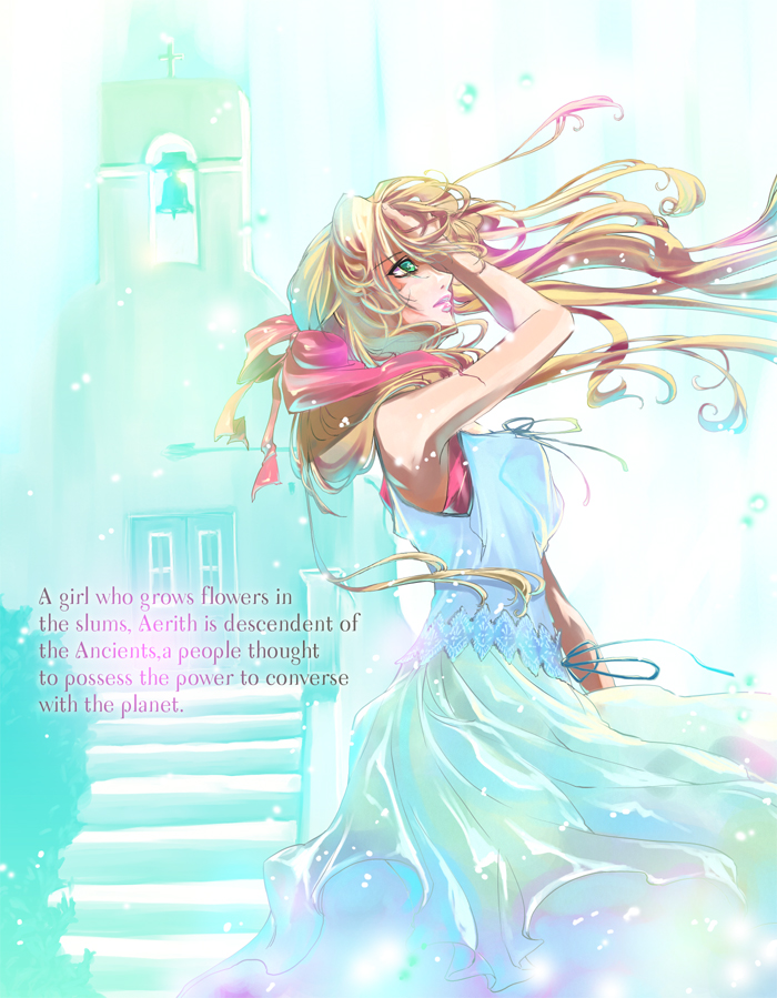 ocha (artea), aerith gainsborough, crisis core: final fantasy vii, final fantasy, final fantasy vii, 1990s (style), 1girl, aqua eyes, bare shoulders, bell, blonde hair, bow, church, cross, dress, english text, female focus, lips, lipstick, makeup, pink bow, retro artstyle, solo, white dress