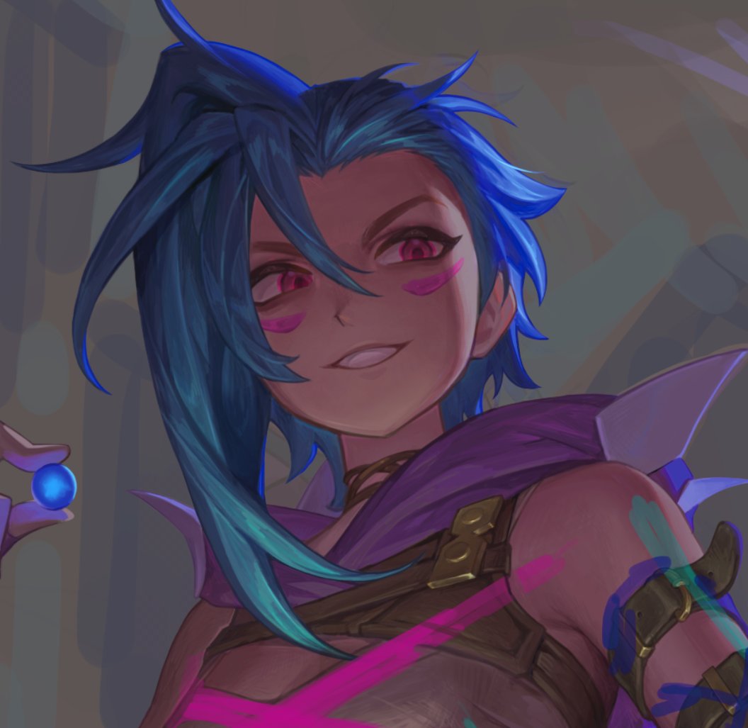 furrype4ch, arcane fractured jinx, jinx (league of legends), arcane: league of legends, league of legends, 1girl, asymmetrical bangs, bare shoulders, blue hair, green hair, hair between eyes, hand up, holding, long hair, messy hair, multicolored hair, pink eyes, shirt, smile, solo, teeth