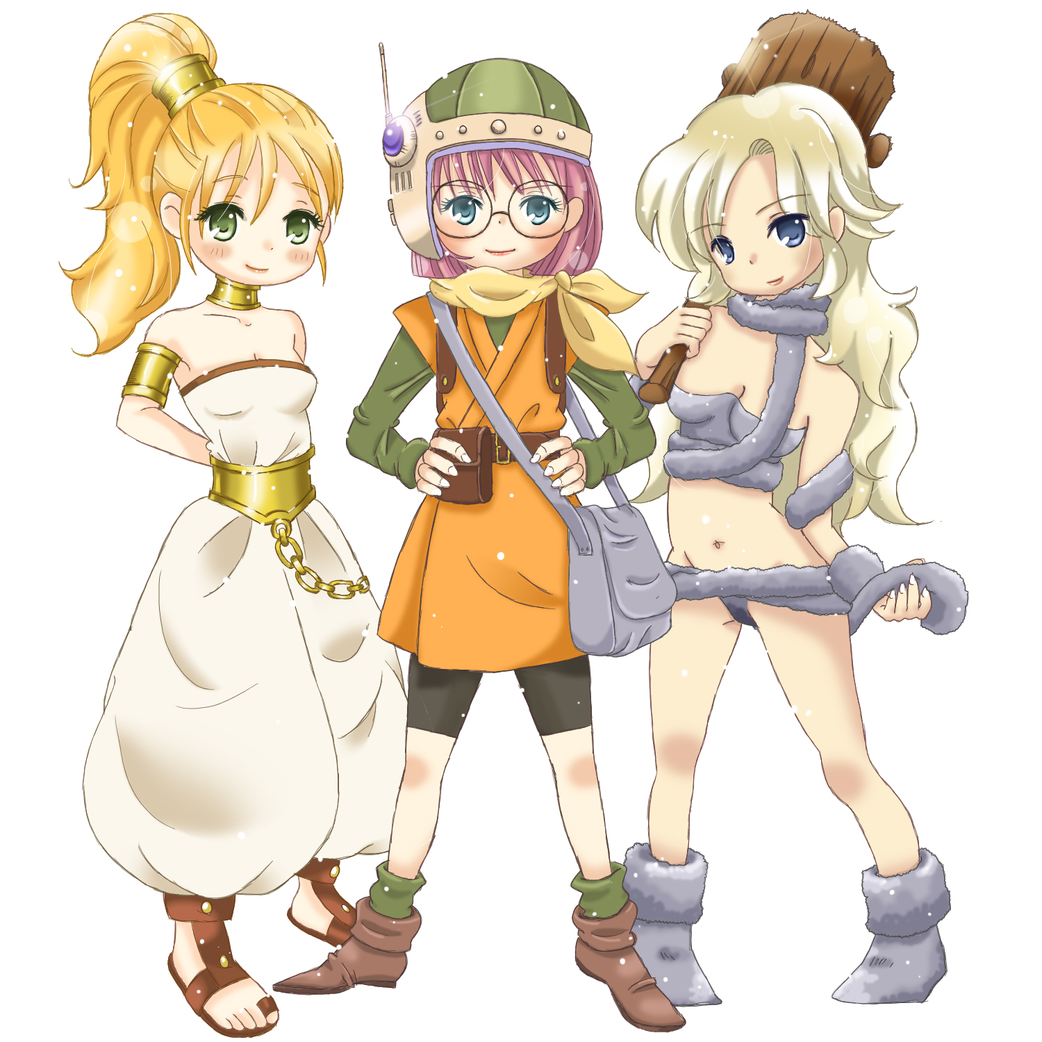 crown daisy, ayla (chrono trigger), lucca ashtear, marle (chrono trigger), chrono (series), chrono trigger, highres, 1990s (style), 3girls, armband, blonde hair, blue eyes, choker, club (weapon), glasses, green eyes, helmet, long hair, multiple girls, ponytail, purple hair, sandals, short hair, weapon