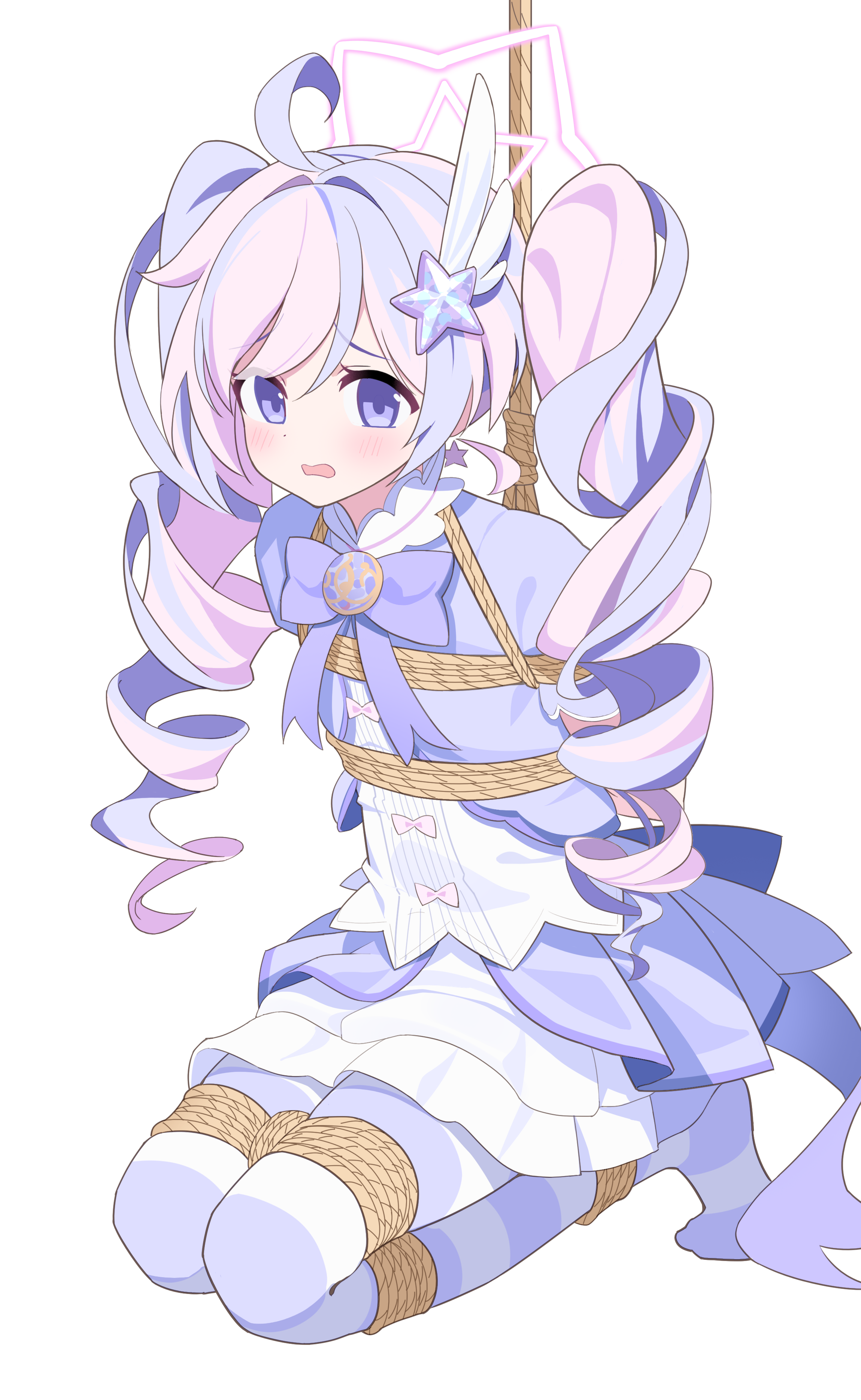 wo cao xiao, reisa (blue archive), reisa (magical) (blue archive), blue archive, absurdres, commentary request, highres, blue hair, blush, bound, bound arms, bound legs, bound torso, bow, drill hair, hair ornament, halo, jacket, long hair, magical girl, multicolored hair, no shoes, official alternate costume, official alternate hairstyle, open mouth, pantyhose, petticoat, purple bow, purple eyes, purple hair, purple halo, purple jacket, purple pantyhose, purple skirt, seiza, shibari, shirt, sitting, skirt, star (symbol), star hair ornament, striped clothes, striped pantyhose, twin drills, two-tone hair, white shirt, wing hair ornament