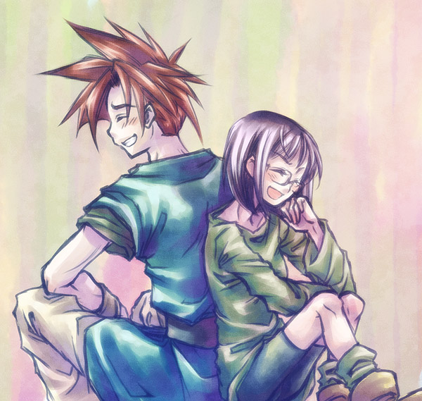 imoyama, crono (chrono trigger), lucca ashtear, chrono (series), chrono trigger, 1990s (style), closed eyes, glasses, happy, open mouth, purple hair, red hair, short hair, smile, spiked hair