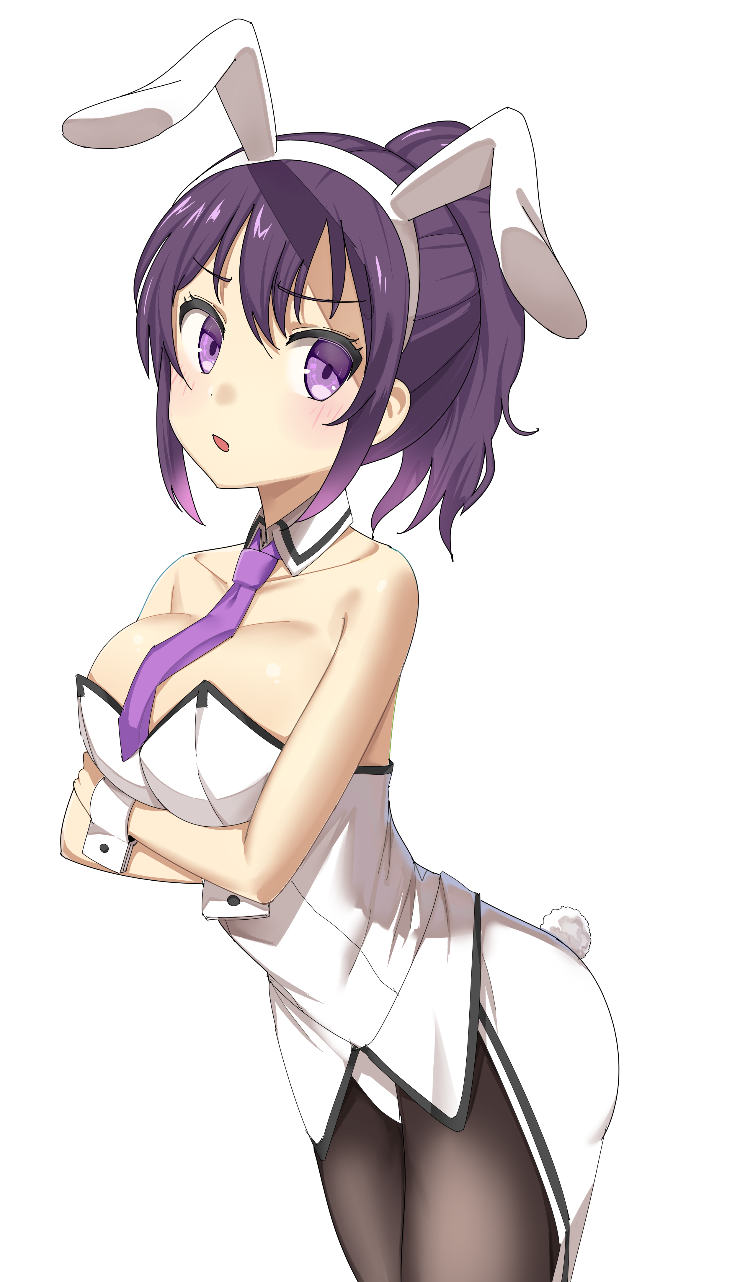 tedeza rize, gochuumon wa usagi desu ka?, absurdres, commentary request, highres, animal ears, breasts, highleg, leotard, mogune, necktie, playboy bunny, ponytail, purple eyes, purple hair, rabbit ears, rabbit tail, tail, white leotard