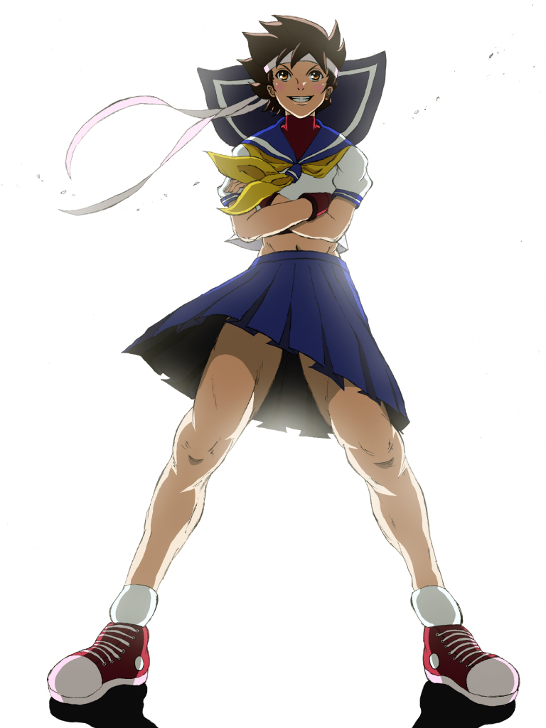 asibi, kasugano sakura, capcom, street fighter, 1girl, blue sailor collar, brown hair, crossed arms, female focus, fingerless gloves, gloves, gunbuster pose, headband, midriff, muscular, sailor collar, school uniform, short hair, skirt, solo
