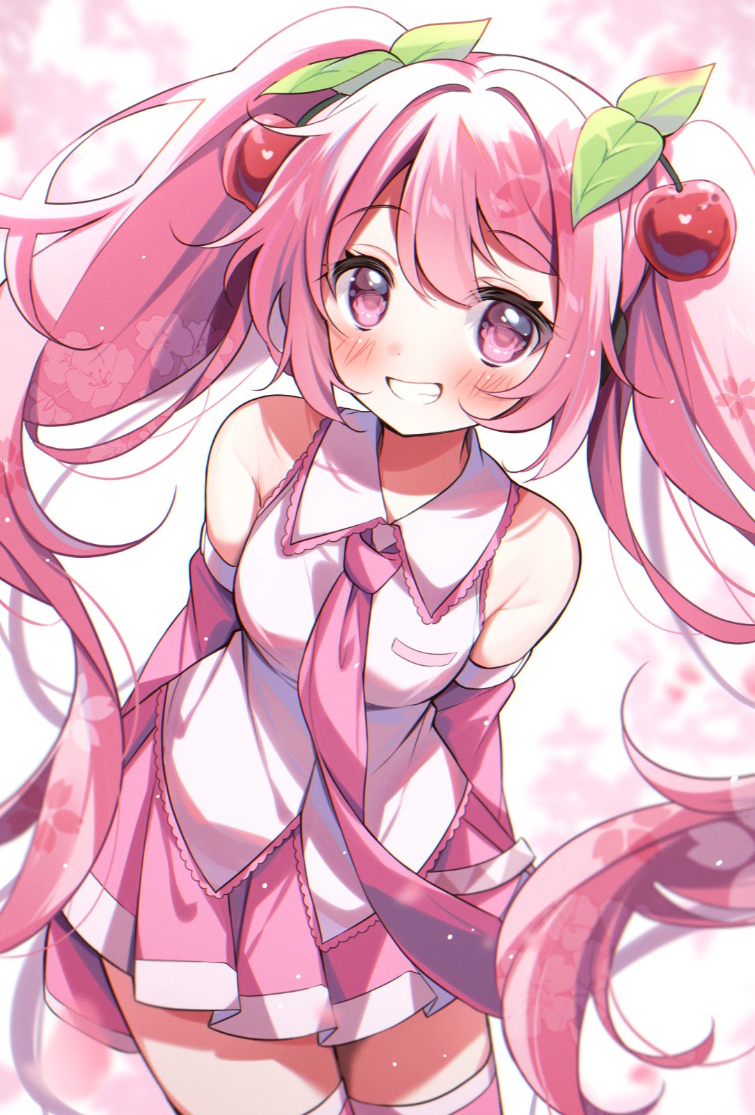 gau (n00 shi), hatsune miku, sakura miku, vocaloid, commentary request, highres, 1girl, arms behind back, bare shoulders, breasts, cherry blossoms, cherry hair ornament, collared shirt, detached sleeves, food-themed hair ornament, frilled shirt, frilled shirt collar, frills, hair between eyes, hair ornament, long hair, long sleeves, looking at viewer, medium breasts, miku day, miniskirt, necktie, official alternate costume, pink eyes, pink hair, pink necktie, pink skirt, pink sleeves, pink trim, pleated skirt, shirt, skirt, sleeveless, sleeveless shirt, smile, solo, teeth, thighhighs, twintails, very long hair, white shirt, white trim, zettai ryouiki