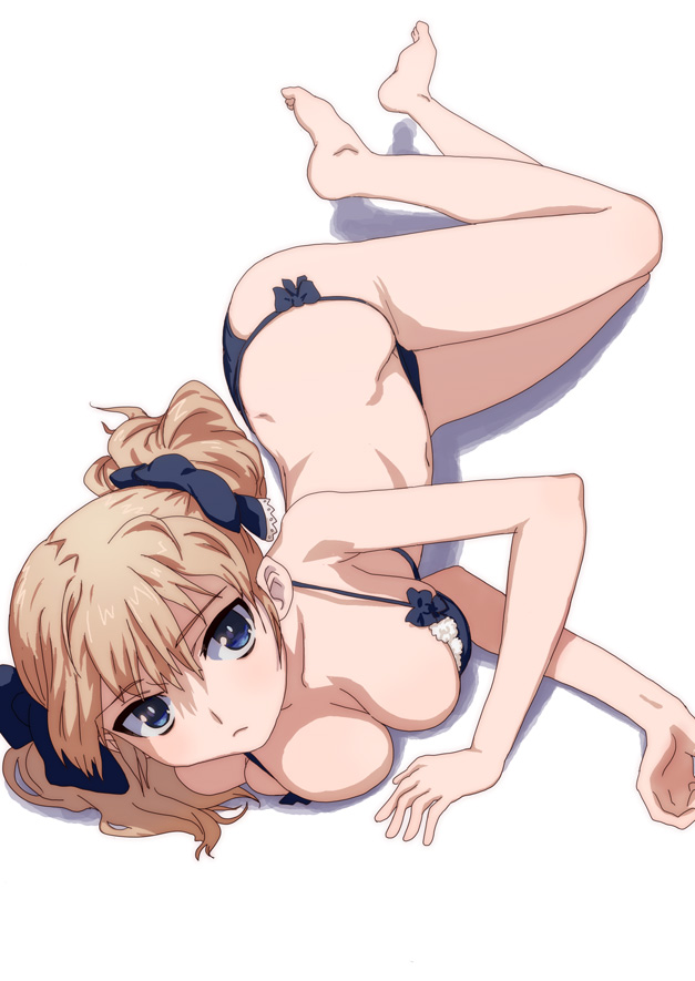 hirose (mokiki), original, 1girl, :<, barefoot, bikini, blonde hair, blue eyes, bow, breasts, cleavage, feet, female focus, hair bow, large breasts, lying, on side, shadow, side-tie bikini bottom, solo, swimsuit, twintails