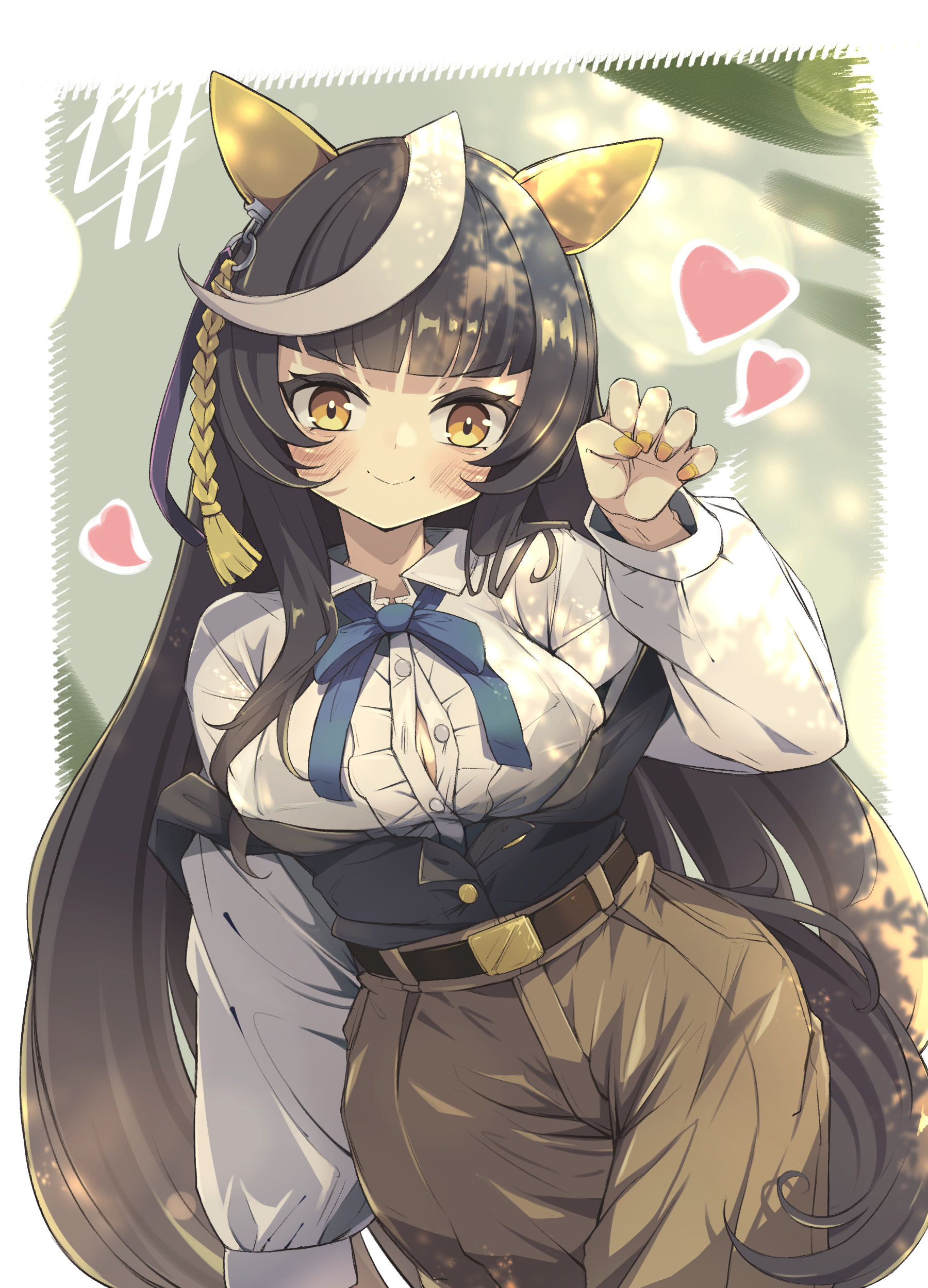 woruta (soloistlist), calstone light o (casual) (umamusume), calstone light o (umamusume), umamusume, absurdres, commentary request, highres, 1girl, animal ears, belt, black hair, black shirt, blue bow, blush, bow, breasts, brown pants, casual, claw pose, closed mouth, collared shirt, ear covers, heart, horse ears, horse girl, horse tail, large breasts, long hair, long sleeves, looking at viewer, pants, shirt, smile, striped hair, tail, white hair, white shirt, yellow eyes, yellow nails