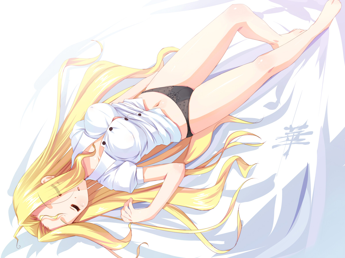 senji (tegone spike), ryuumonbuchi touka, saki (manga), alternate breast size, 00s, 1girl, barefoot, black panties, blonde hair, breasts, closed eyes, female focus, hair over one eye, large breasts, legs, long hair, lying, no pants, panties, sleeping, solo, underwear, very long hair