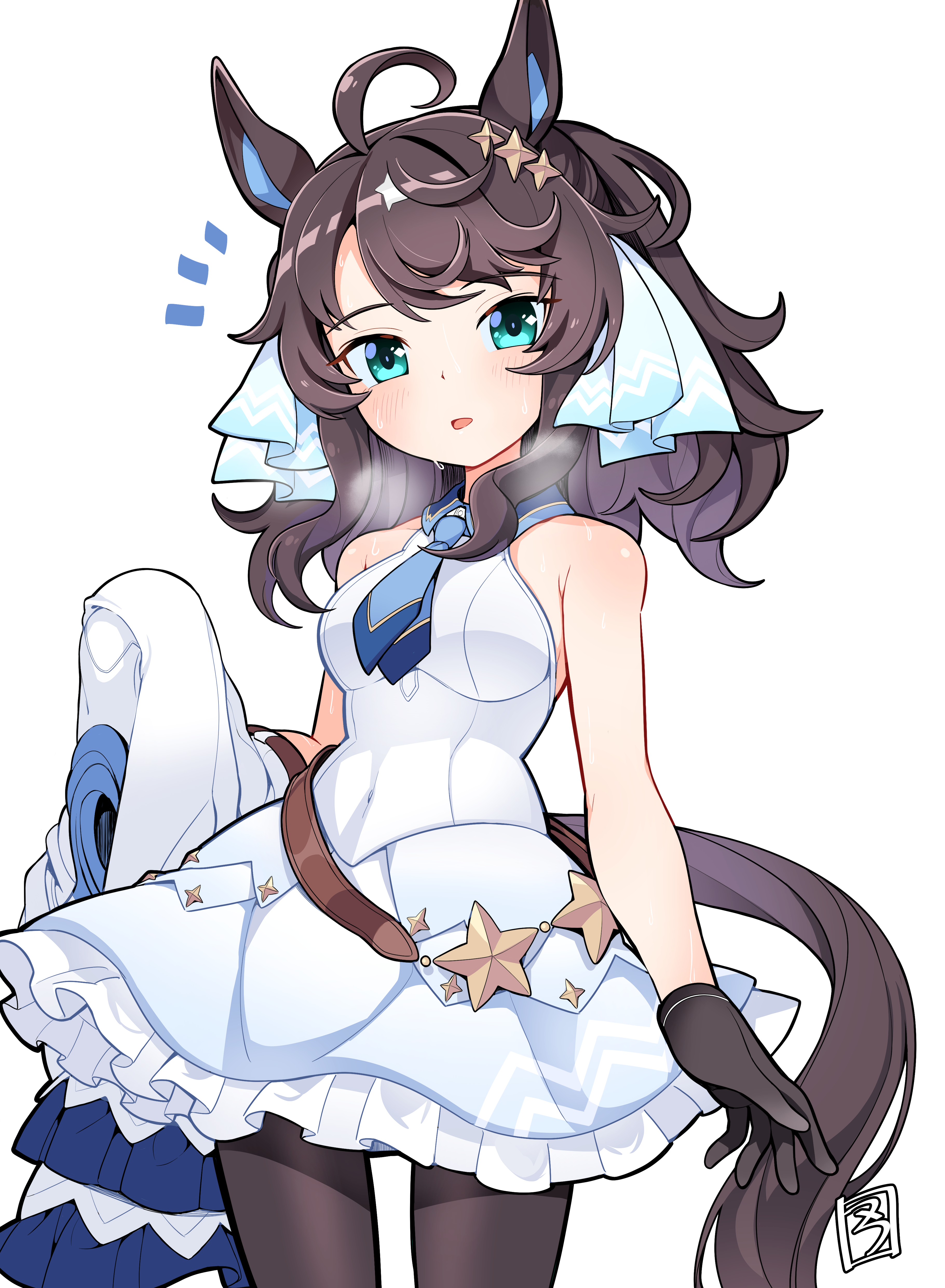 sbql (niaunclefan), daring tact (umamusume), umamusume, absurdres, commentary request, highres, 1girl, ahoge, animal ears, bare shoulders, black gloves, black pantyhose, blue eyes, blue necktie, blush, breasts, brown hair, dress, gloves, hair between eyes, hair ornament, holding unworn jacket, horse ears, horse girl, horse tail, jacket, long hair, looking at viewer, medium breasts, necktie, open mouth, pantyhose, parted lips, simple background, sleeveless, sleeveless dress, solo, star (symbol), star hair ornament, sweat, tail, white background, white dress, white jacket
