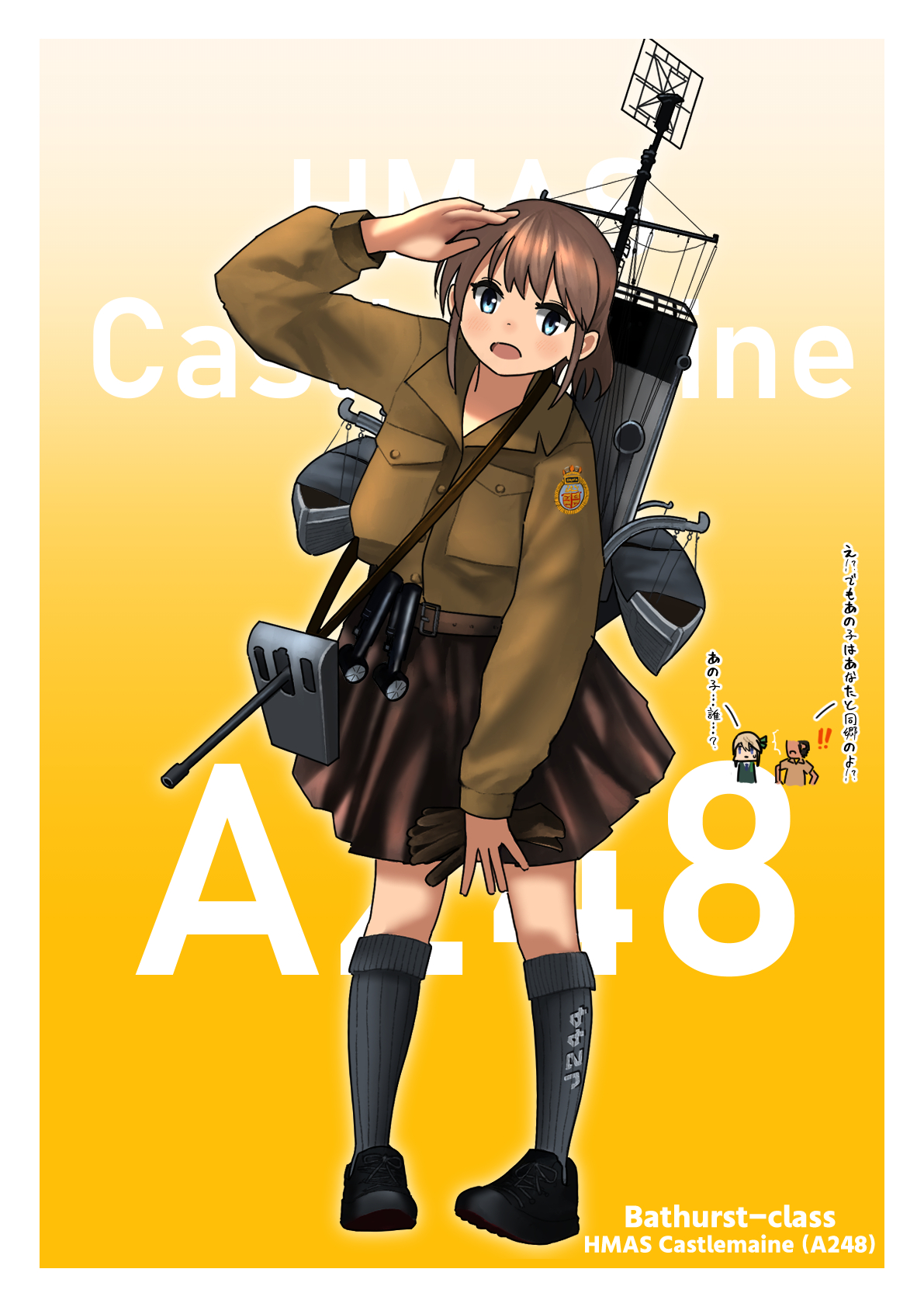 timmyyen, perth (kancolle), kantai collection, original, commentary request, highres, translation request, 1boy, 2girls, blue eyes, border, brown hair, brown shirt, brown skirt, emblem, english text, full body, green socks, hmas castlemaine (a248), looking at another, looking at viewer, mast, multiple girls, open mouth, patch, pigeon-toed, rigging, salute, shirt, short hair, shoulder patch, skirt, smokestack, socks, text background, white border, yellow background