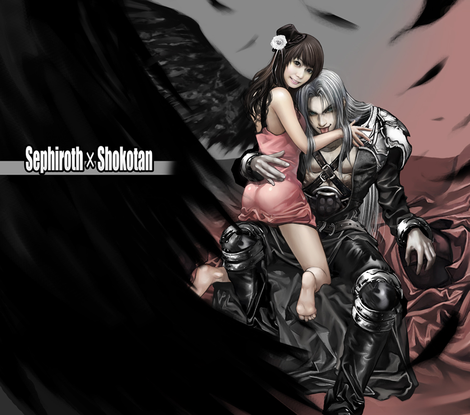 nakagawa shoko, s (joyk1214), nakagawa shouko, sephiroth, final fantasy, final fantasy vii, original, real life, silver hair, 1990s (style), 1boy, 1girl, ass, barefoot, brown hair, character name, couple, feathers, feet, hat, hetero, licking, mini hat, mini top hat, pectorals, soles, straddling, top hat, what, wings