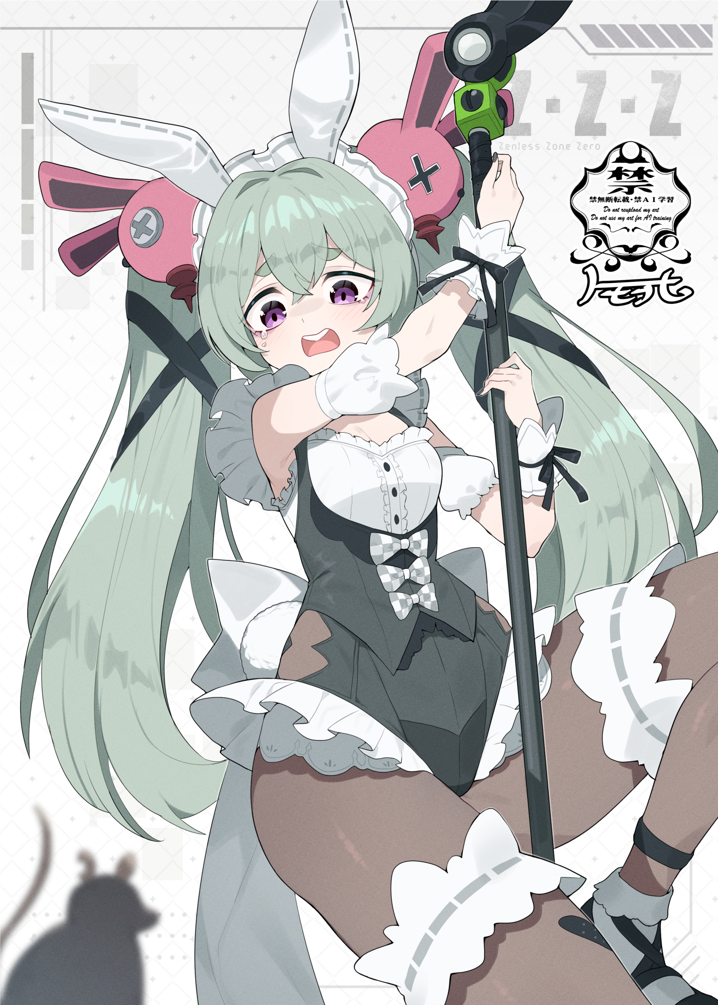 matsumoto tomoyohi, corin wickes, zenless zone zero, commentary request, highres, 1girl, alternate costume, animal ears, arm up, armband, bandaid, bandaid on leg, black nails, blush, bow, breasts, brown pantyhose, center frills, checkered bow, checkered clothes, cleavage, copyright name, crossed bangs, dotted background, fake animal ears, fake tail, frilled armband, frilled socks, frilled thigh strap, frilled wrist cuffs, frills, green hair, grey background, hair between eyes, hair ornament, high-waist pantyhose, holding, holding weapon, leg up, long hair, looking at animal, maid, maid headdress, mary janes, mouse (animal), open mouth, pantyhose, purple eyes, rabbit ears, rabbit hair ornament, rabbit tail, screw, shirt, shoes, short eyebrows, small breasts, socks, solo, tail, tears, teeth, thick eyebrows, thigh strap, twintails, upper teeth only, weapon, white armband, white bow, white shirt, white socks, white wrist cuffs, wrist cuffs