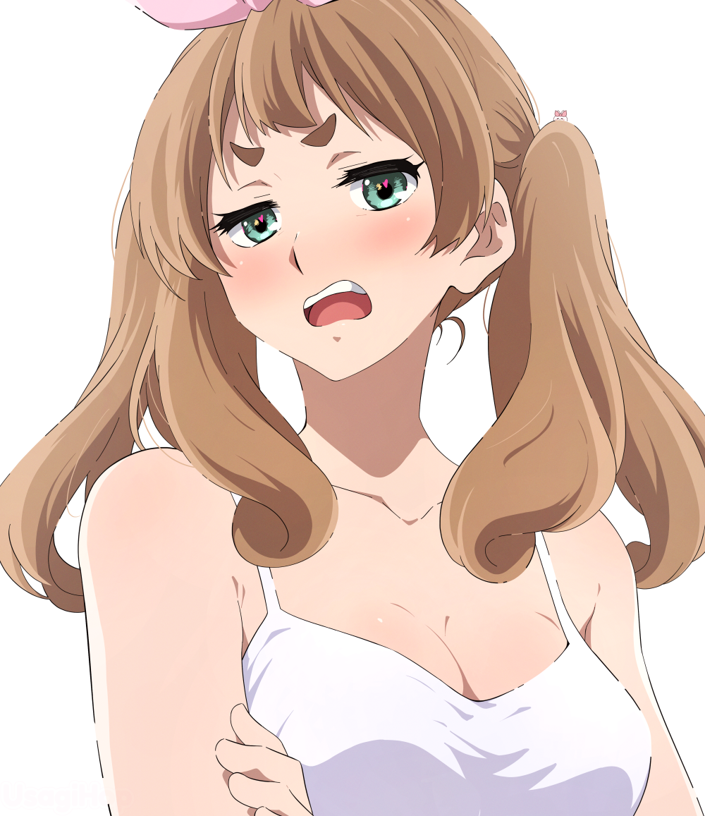 usagihop, yoshikawa yuuko, hibike! euphonium, commentary, 1girl, alternate costume, alternate hairstyle, aqua eyes, arms under breasts, blush, bow, breasts, brown hair, camisole, cleavage, collarbone, hair bow, looking at viewer, medium breasts, medium hair, open mouth, pink bow, simple background, solo, spaghetti strap, teeth, thick eyebrows, twintails, upper body, upper teeth only, white background, white camisole