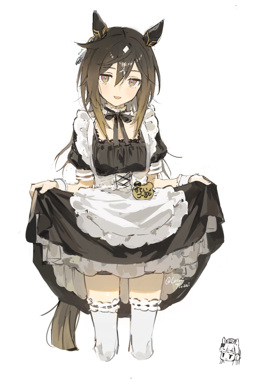 cocontoozai, copyright request, highres, 1girl, 2girls, alternate costume, animal ears, apron, black dress, black hair, blush, brown hair, chibi, chibi inset, clothes lift, cropped legs, dress, dress lift, enmaided, frills, hair between eyes, horse ears, horse girl, horse tail, long hair, looking at viewer, maid, multicolored hair, multiple girls, open mouth, puffy short sleeves, puffy sleeves, short sleeves, simple background, skirt hold, smile, solo, solo focus, tail, thighhighs, white background, white thighhighs, wrist cuffs, yellow eyes