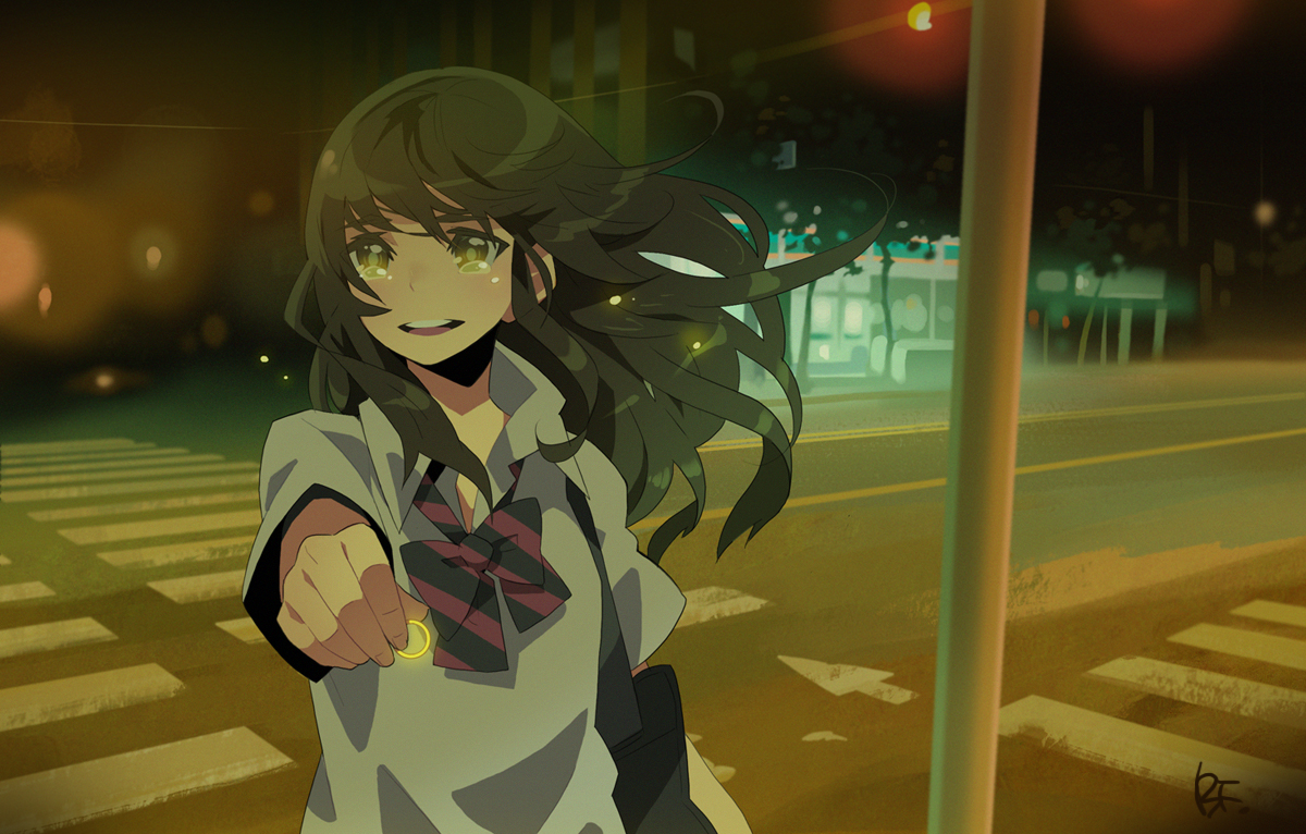 bf. (sogogiching), haze, original, 1girl, bag, black hair, bow, bowtie, brown eyes, brown hair, crosswalk, female focus, foreshortening, jewelry, night, open collar, ring, road, shoulder bag, signature, smile, solo, street, tears, traffic light, vanishing point, wind, yellow eyes
