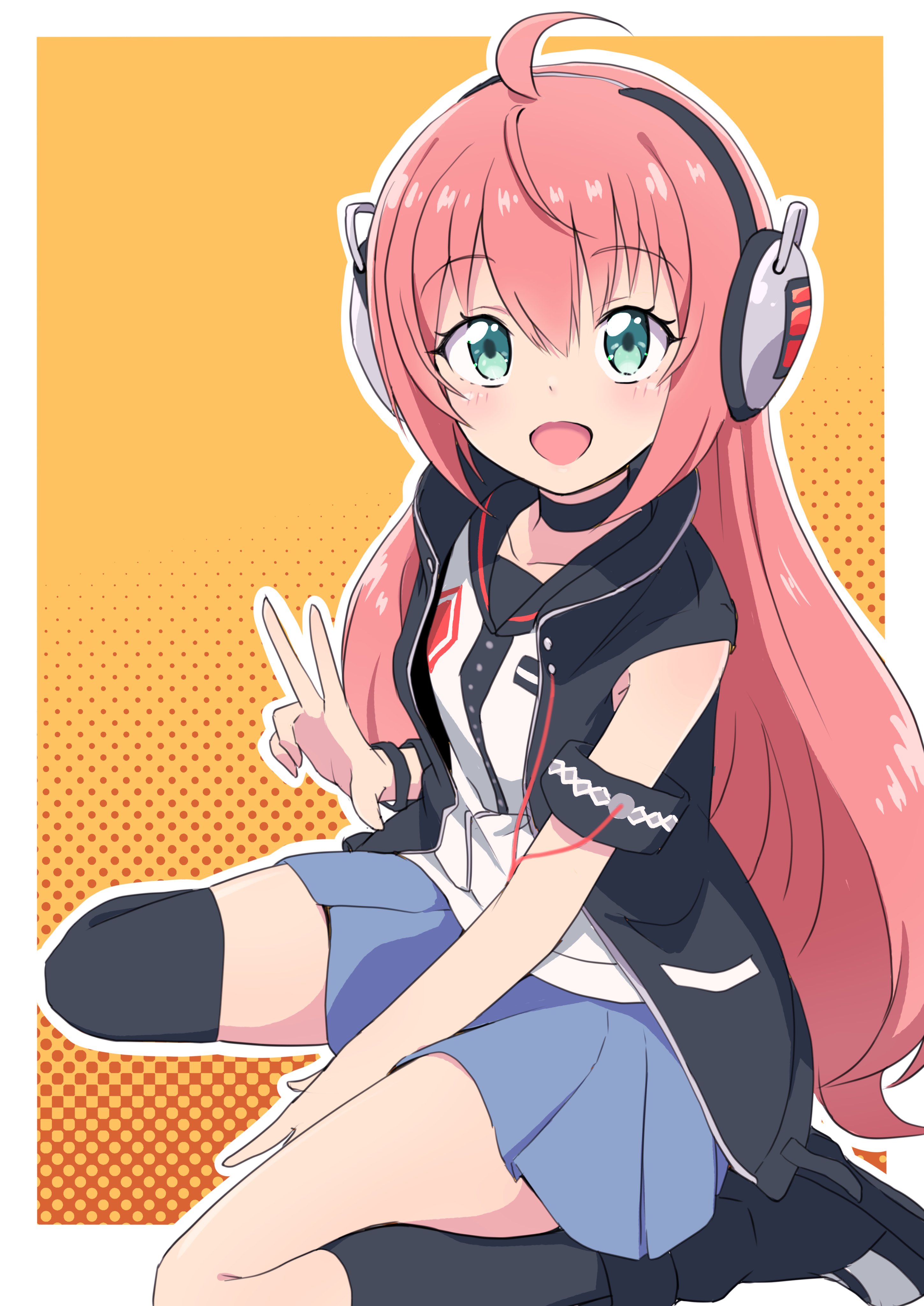 cbgb, indie virtual youtuber, absurdres, commentary request, highres, second-party source, 1girl, ahoge, aqua eyes, black choker, black jacket, black socks, border, choker, hair between eyes, headphones, hikari riria, jacket, kneehighs, long hair, looking at viewer, open clothes, open jacket, open mouth, outside border, pink hair, shirt, sitting, socks, solo, v, virtual youtuber, wariza, white border, white shirt
