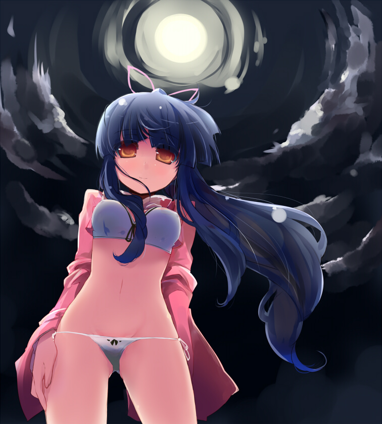 shin (new), houraisan kaguya, touhou, 1girl, black hair, bra, breasts, brown eyes, female focus, lingerie, moon, outdoors, panties, sky, solo, underwear