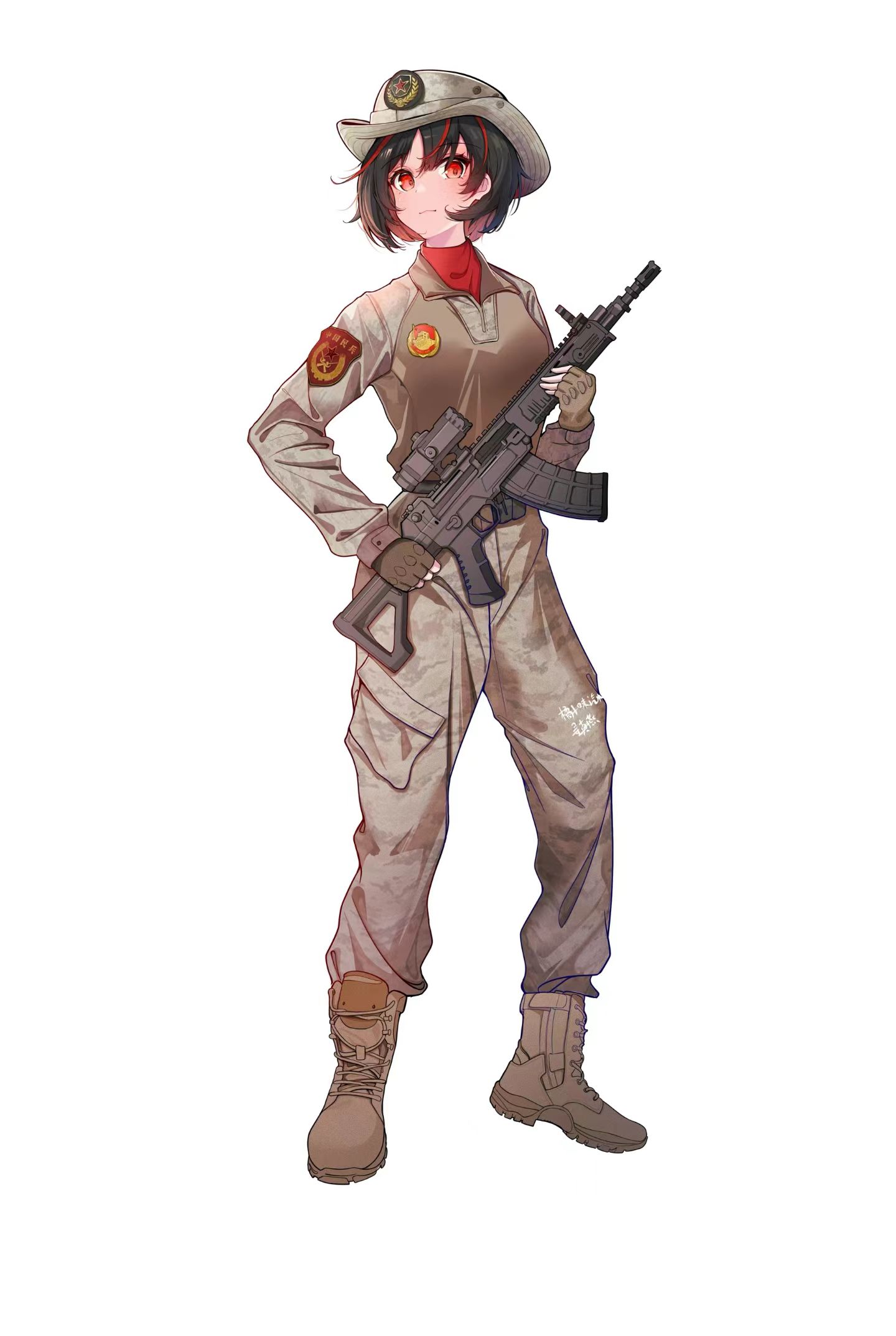 juzi wei qishui, original, commentary request, highres, 1girl, black hair, brown hat, brown pants, brown shoes, closed mouth, fingerless gloves, full body, gloves, gun, hat, holding, holding gun, holding weapon, long sleeves, military uniform, pants, red eyes, red hair, red shirt, shirt, shoes, short hair, simple background, smile, solo, weapon