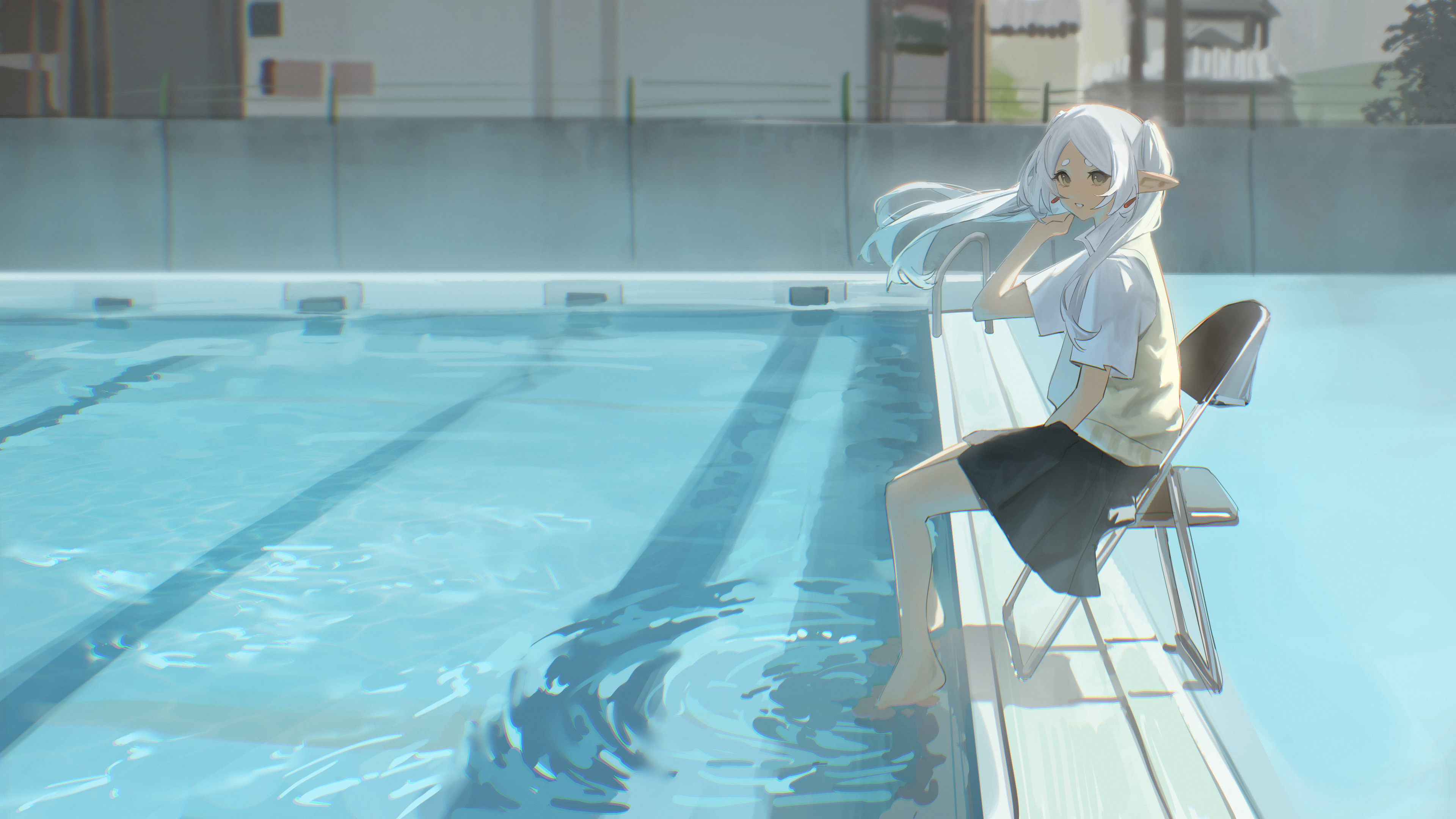 takoyoomi, frieren, sousou no frieren, absurdres, commentary, highres, 1girl, barefoot, black skirt, double-parted bangs, earrings, elf, green eyes, jewelry, long hair, looking at viewer, parted lips, pointy ears, pool, shirt, short sleeves, skirt, smile, solo, sweater, thick eyebrows, twintails, white hair, white shirt, yellow sweater