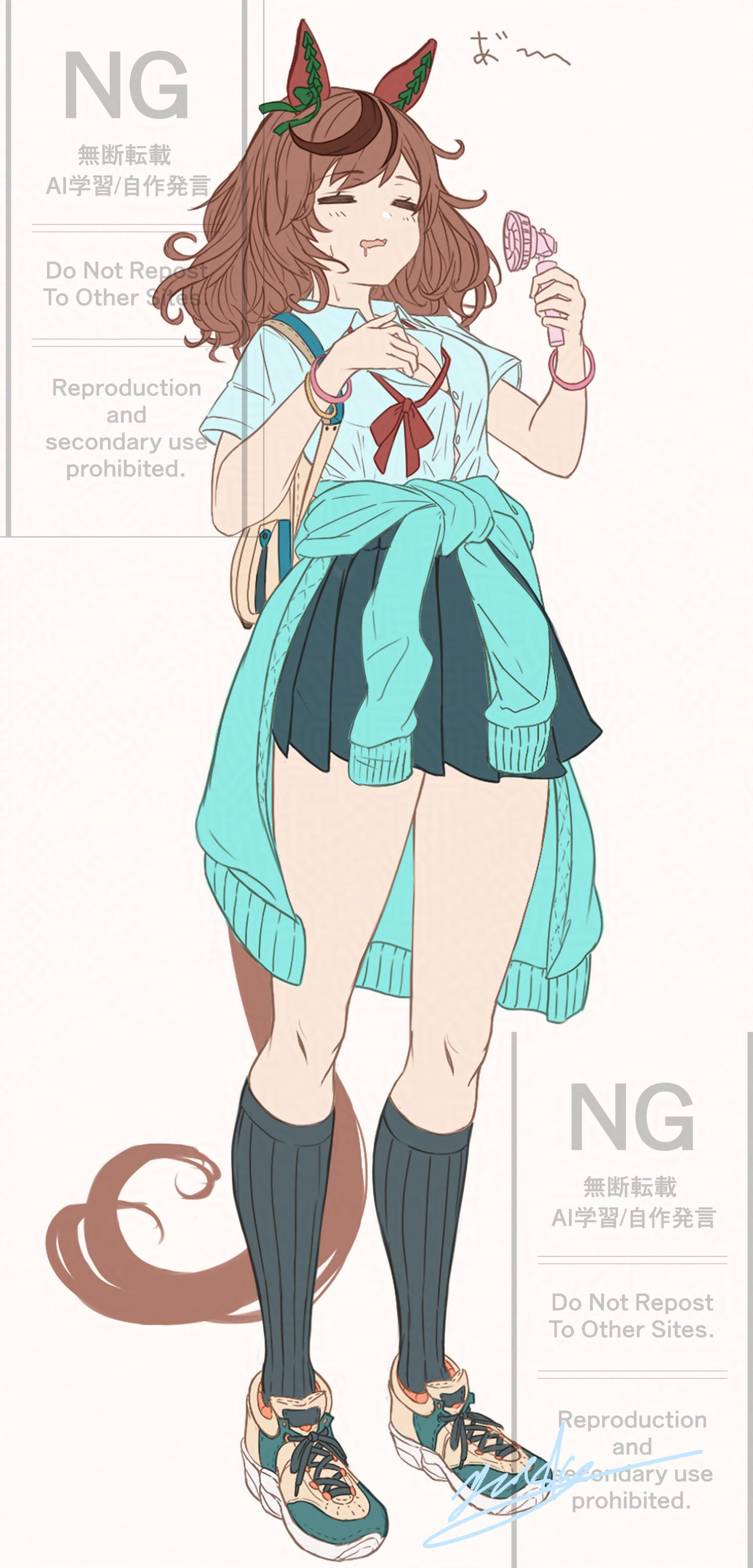 yatsuka (846), nice nature (umamusume), umamusume, absurdres, commentary request, highres, 1girl, animal ears, bag, blue cardigan, blue skirt, blue socks, bow, bracelet, breasts, brown hair, cardigan, cardigan around waist, closed eyes, clothes around waist, collared shirt, drooling, ear bow, ear covers, ear ribbon, green bow, handheld electric fan, horse ears, horse girl, horse tail, jewelry, kneehighs, medium hair, mouth drool, multicolored hair, open mouth, pleated skirt, red bow, school bag, shirt, shoes, short sleeves, skirt, socks, solo, streaked hair, tail, twintails, white shirt