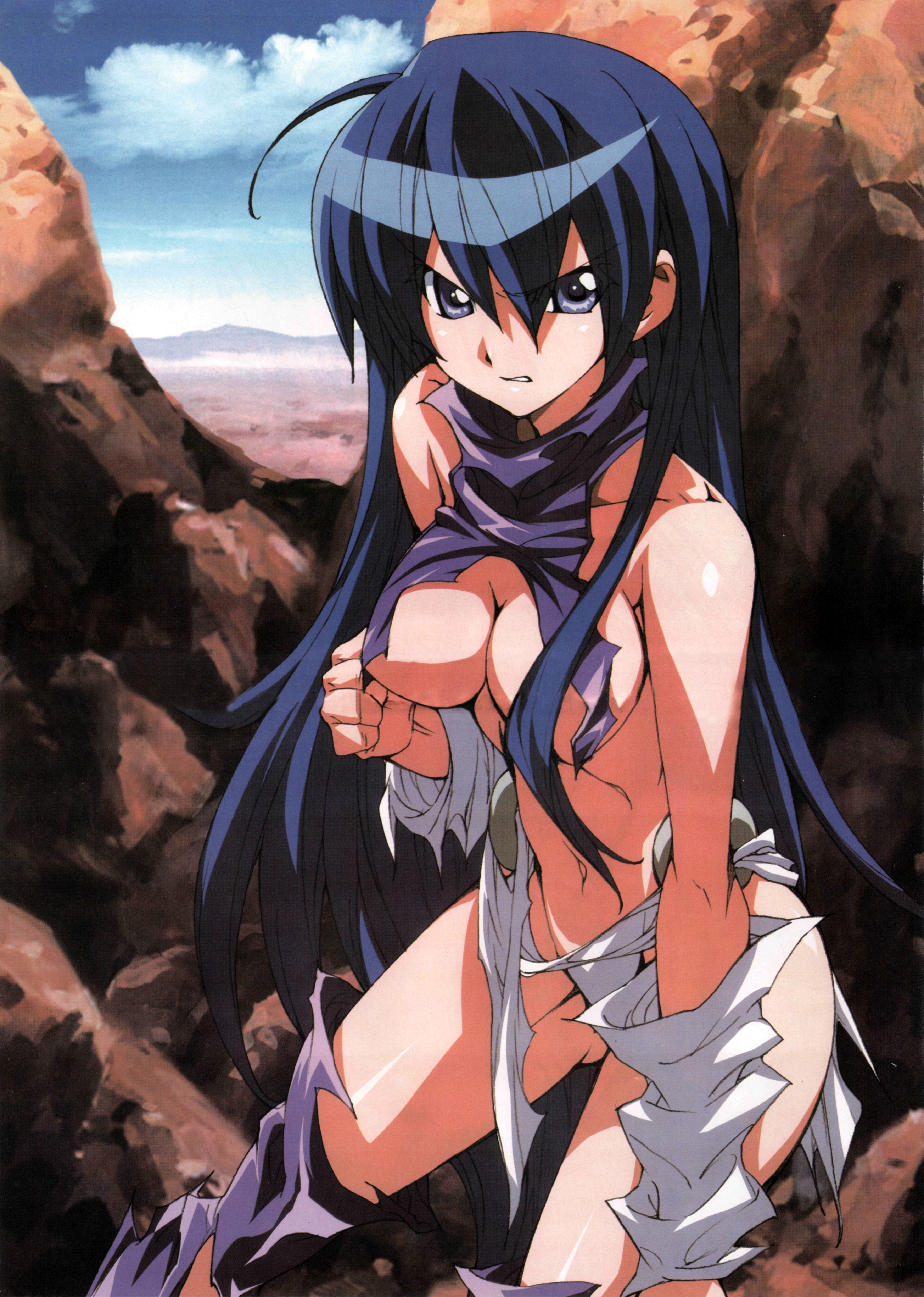 eve neuschwanstein, needless, nyantype, absurdres, highres, non-web source, official art, scan, 1girl, ahoge, angry, blue eyes, blue hair, breasts, censored, cleavage, cloud, convenient censoring, day, female focus, fundoshi, japanese clothes, long hair, matching hair/eyes, medium breasts, navel, no bra, no panties, sky, solo, torn clothes, very long hair, wardrobe malfunction