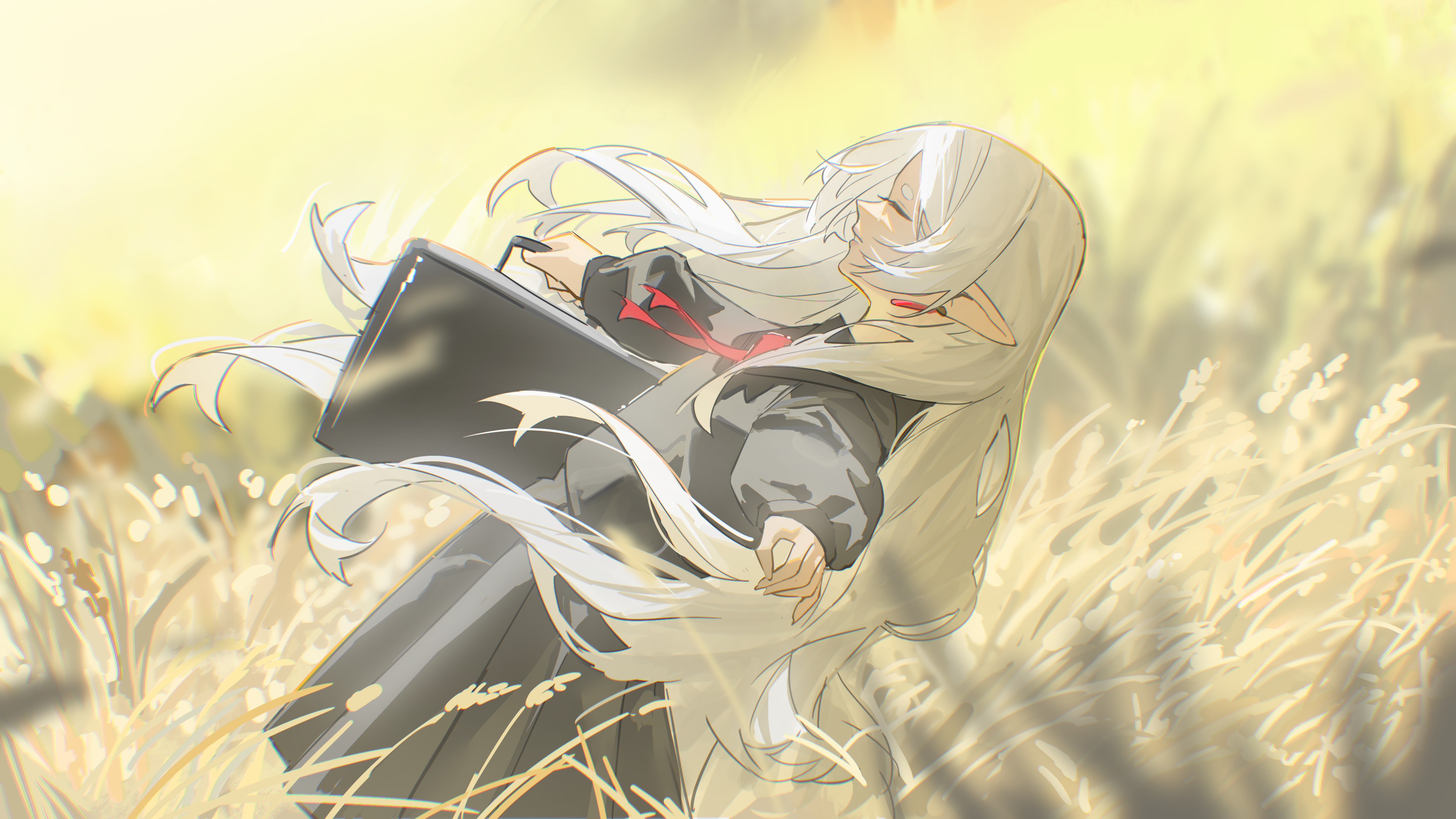 takoyoomi, frieren, sousou no frieren, absurdres, commentary, highres, 1girl, alternate costume, bag, black bag, black shirt, black skirt, closed eyes, earrings, elf, falling, from side, grey hair, hair down, holding, holding bag, jewelry, long hair, neckerchief, parted lips, pointy ears, red neckerchief, school uniform, shirt, skirt, smile, wheat field