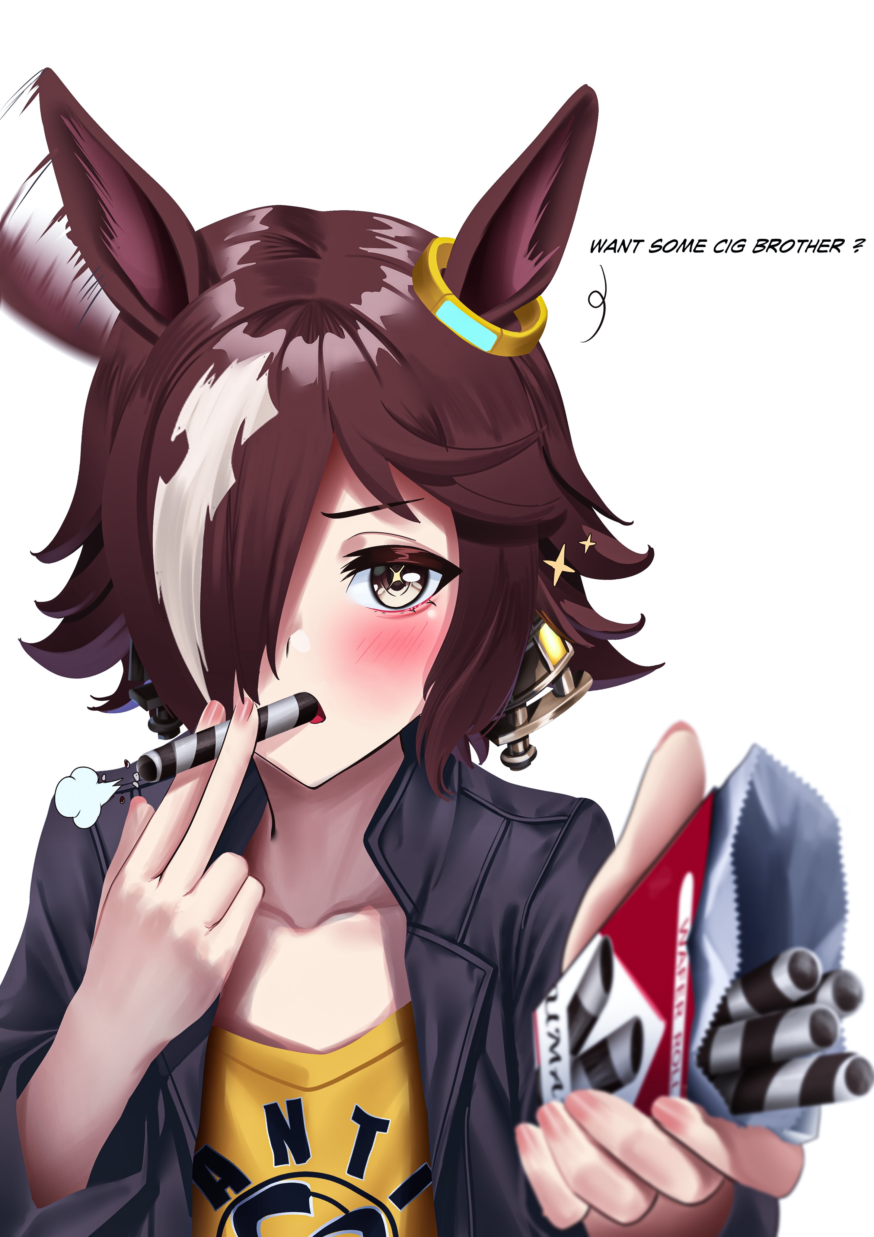 manjo (warito), vodka (casual) (umamusume), vodka (umamusume), umamusume, absurdres, commentary, english commentary, highres, 1girl, animal ears, black jacket, blush, breasts, brown eyes, brown hair, collarbone, ear ornament, english text, food, hair ornament, hair over one eye, holding, holding food, horse ears, horse girl, jacket, leather, leather jacket, long hair, long sleeves, looking at viewer, multicolored hair, open mouth, outstretched arm, reaching, reaching towards viewer, shirt, small breasts, smoke, solo, star (symbol), upper body, wafer stick, white hair, yellow shirt