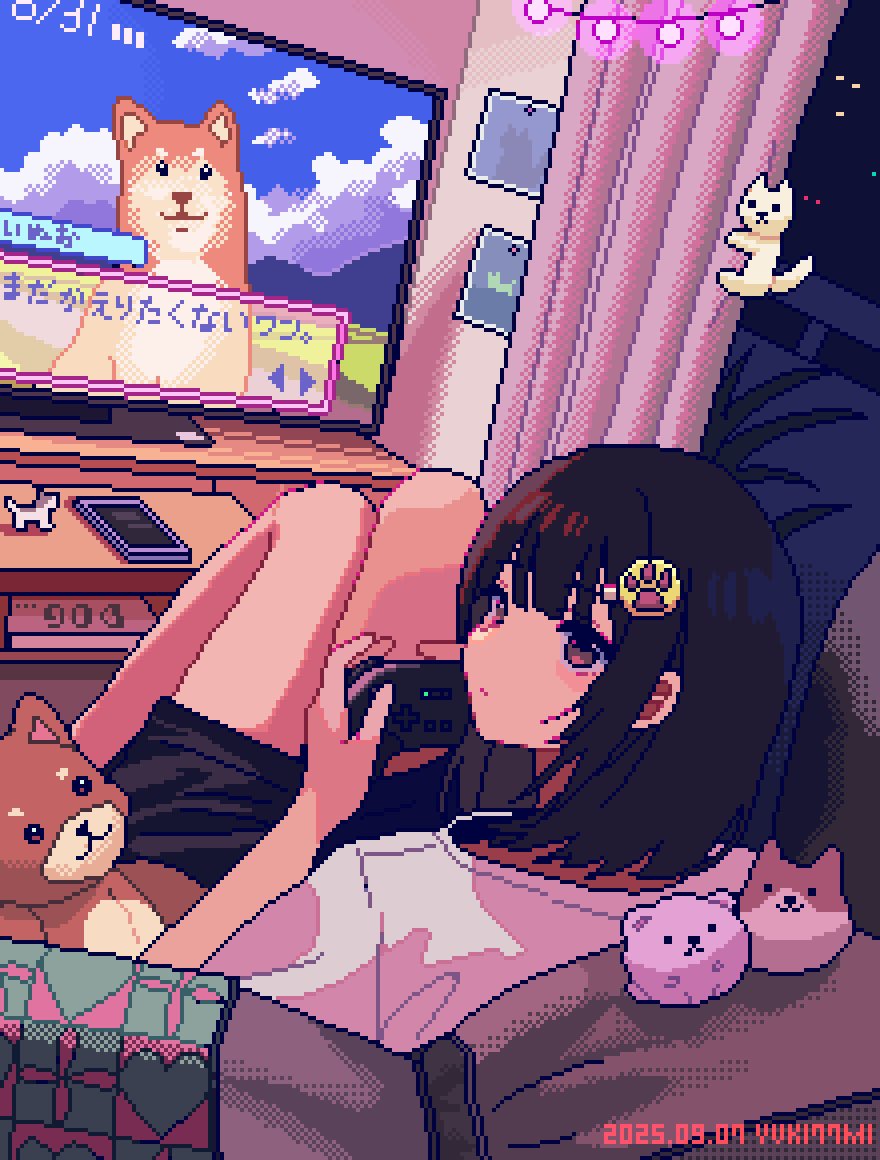 nanami yuki (yuki77mi), original, commentary, symbol-only commentary, 1girl, artist name, black hair, black shorts, controller, curtains, dated, dithering, dog, game controller, hair ornament, holding, holding controller, holding game controller, indoors, medium hair, night, paw print, pixel art, playing games, reclining, shirt, shorts, stuffed animal, stuffed dog, stuffed toy, t-shirt, television, visual novel, white shirt