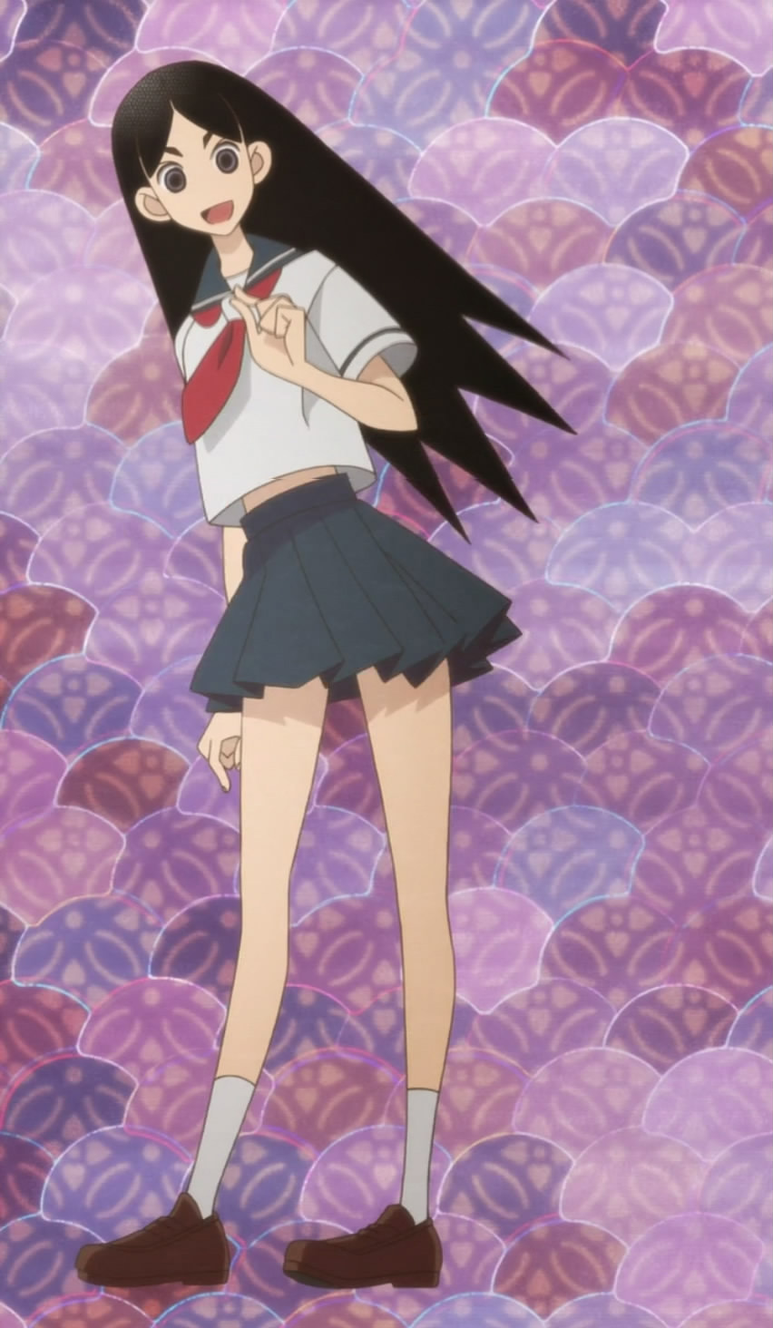 kitsu chiri, sayonara zetsubou sensei, anime screenshot, highres, stitched, third-party edit, 00s, parted bangs, school uniform, serafuku, solo, surprised