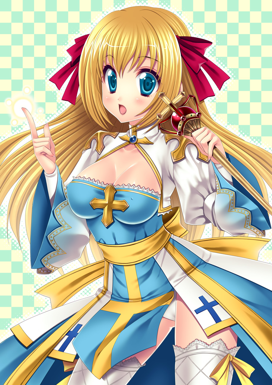 minatsuki alumi, arch bishop (ragnarok online), ragnarok online, bad id, bad pixiv id, highres, 1girl, blonde hair, blue eyes, breasts, female focus, hair ribbon, long hair, open mouth, ribbon, solo, staff, thighhighs