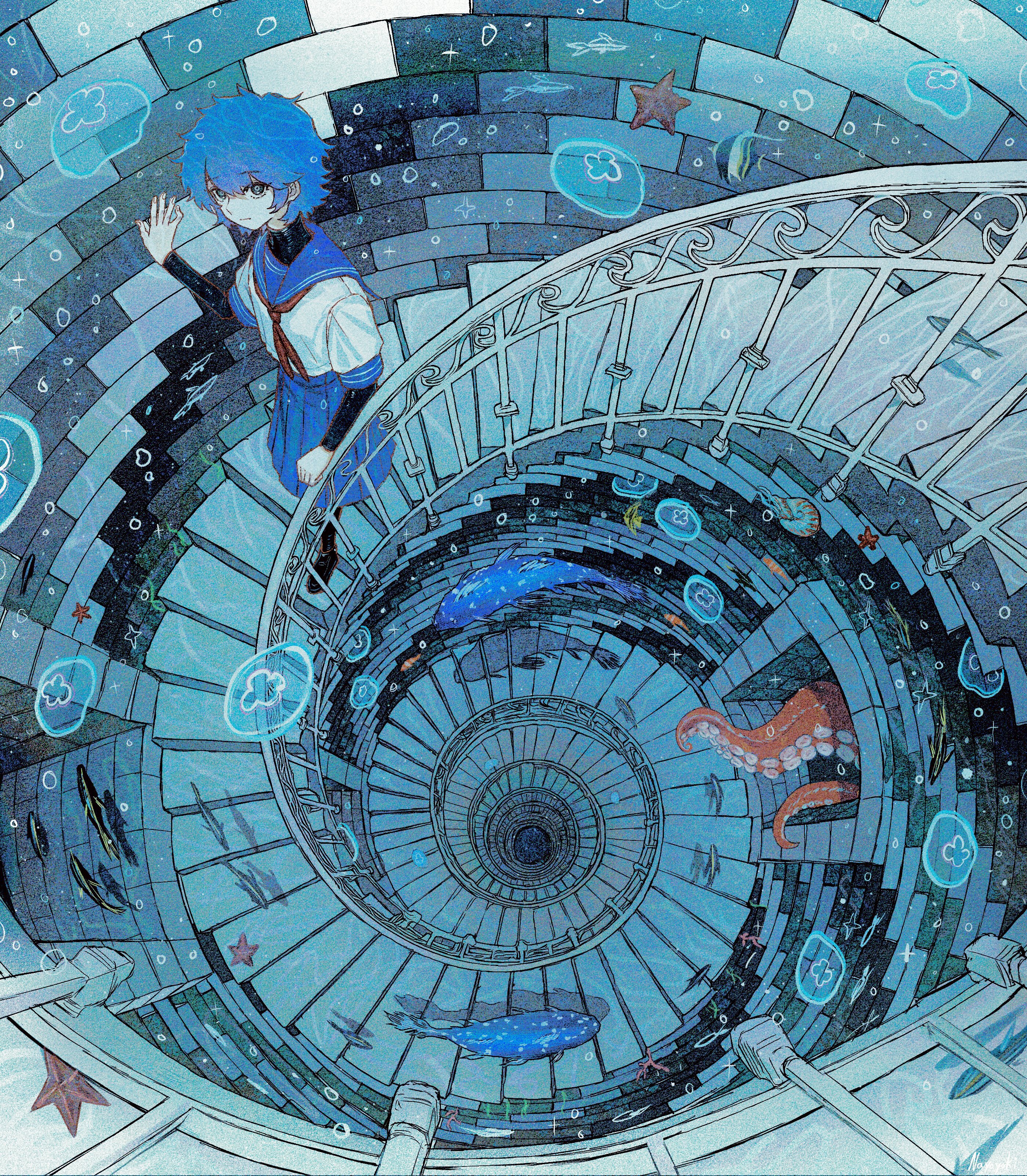 nayoyoki, original, absurdres, commentary, english commentary, highres, 1girl, angelfish, aqua theme, black bodysuit, blue hair, blue sailor collar, blue skirt, bodysuit, bodysuit under clothes, fish, from above, hand on wall, handrail, natsushiro kisame, nautilus (animal), neckerchief, octopus, pleated skirt, red neckerchief, sailor collar, school uniform, serafuku, skirt, solo, spiral staircase, stairs, starfish, tentacles, underwater, vanishing point