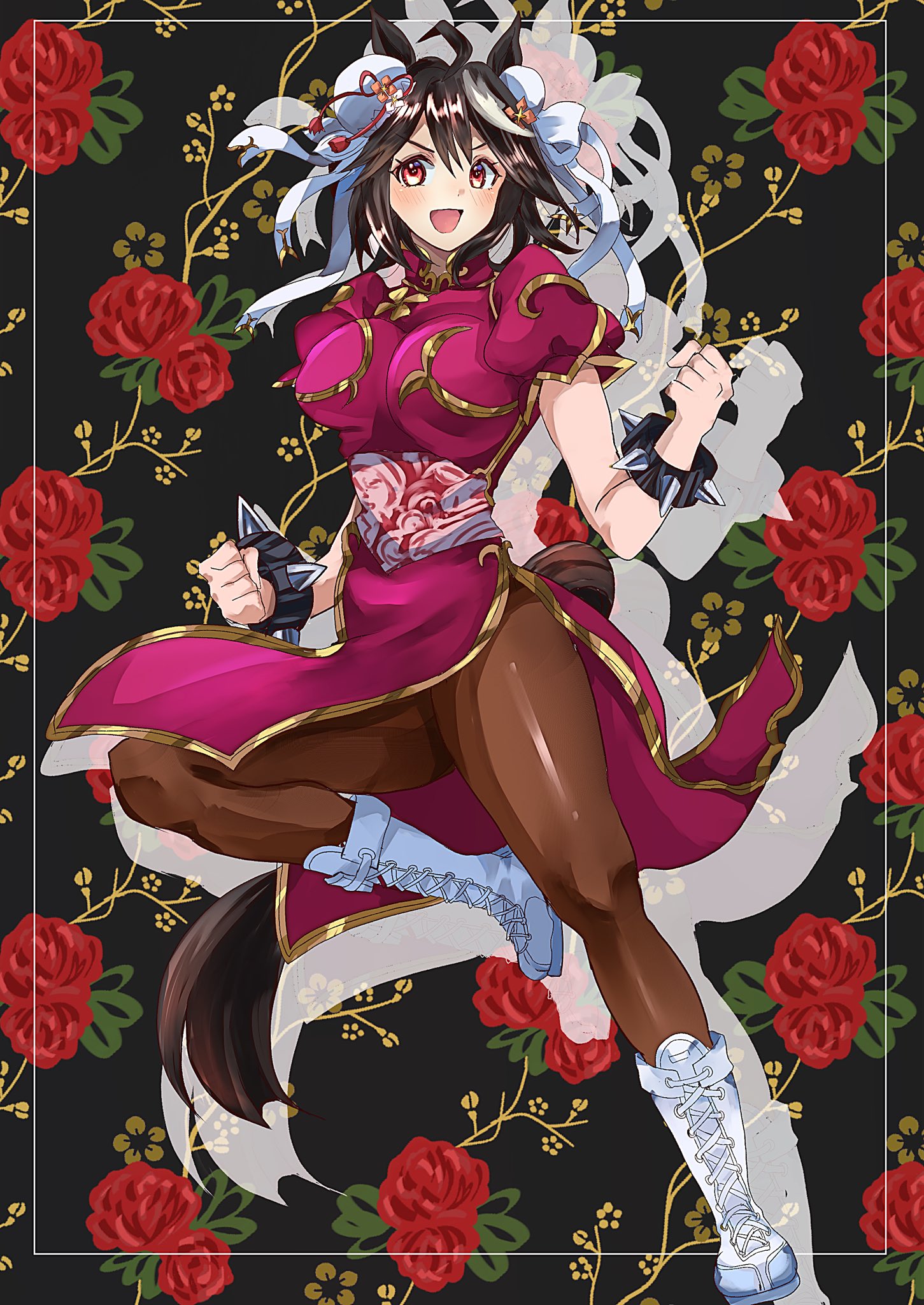 riiko25chan, chun-li, kitasan black (umamusume), capcom, street fighter, umamusume, highres, 1girl, ahoge, animal ears, black hair, blush, boots, bracelet, breasts, brown pantyhose, bun cover, china dress, chinese clothes, cosplay, double bun, dress, flower, hair between eyes, hair bun, hair ornament, horse ears, horse girl, horse tail, jewelry, large breasts, looking at viewer, multicolored hair, open mouth, pantyhose, pelvic curtain, pink dress, red eyes, red flower, red rose, rose, sash, short hair, smile, solo, spiked bracelet, spikes, streaked hair, studded bracelet, tail, thick thighs, thighs, white boots