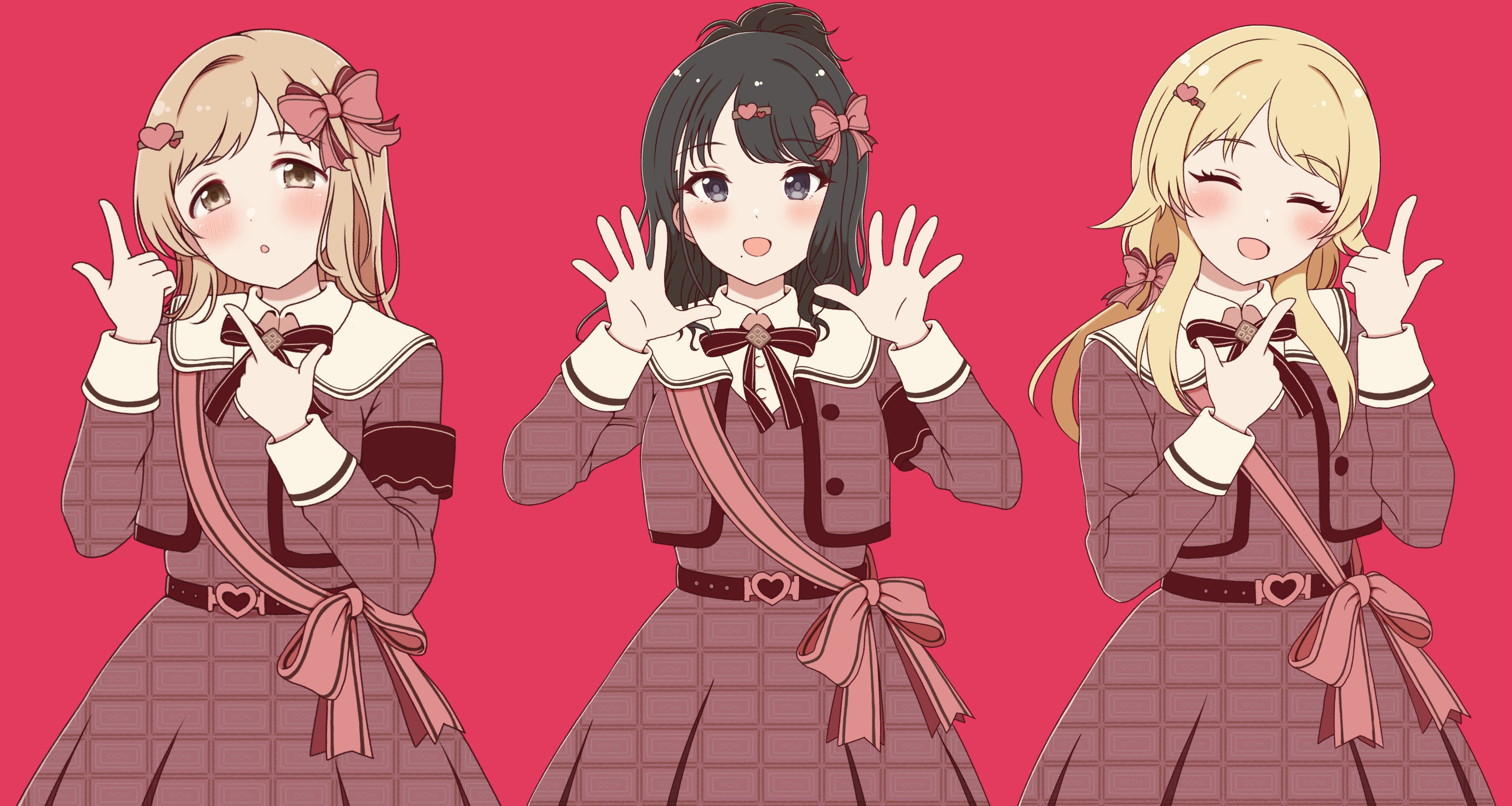 lapisppigeons, hachimiya meguru, kazano hiori, sakuragi mano, gakuen idolmaster, idolmaster, idolmaster shiny colors, absurdres, commentary request, highres, 3girls, armband, black eyes, black hair, blonde hair, blush, bow, brown dress, brown eyes, brown hair, closed eyes, double finger gun, dress, finger gun, hair bow, hair ornament, hairclip, hands up, happy mille-feuille (idolmaster), heart, heart hair ornament, illumination stars (idolmaster), long sleeves, looking at viewer, mole, mole under mouth, multiple girls, neck ribbon, pink bow, ponytail, red background, ribbon, sash, shoulder sash, simple background, smile, spread fingers