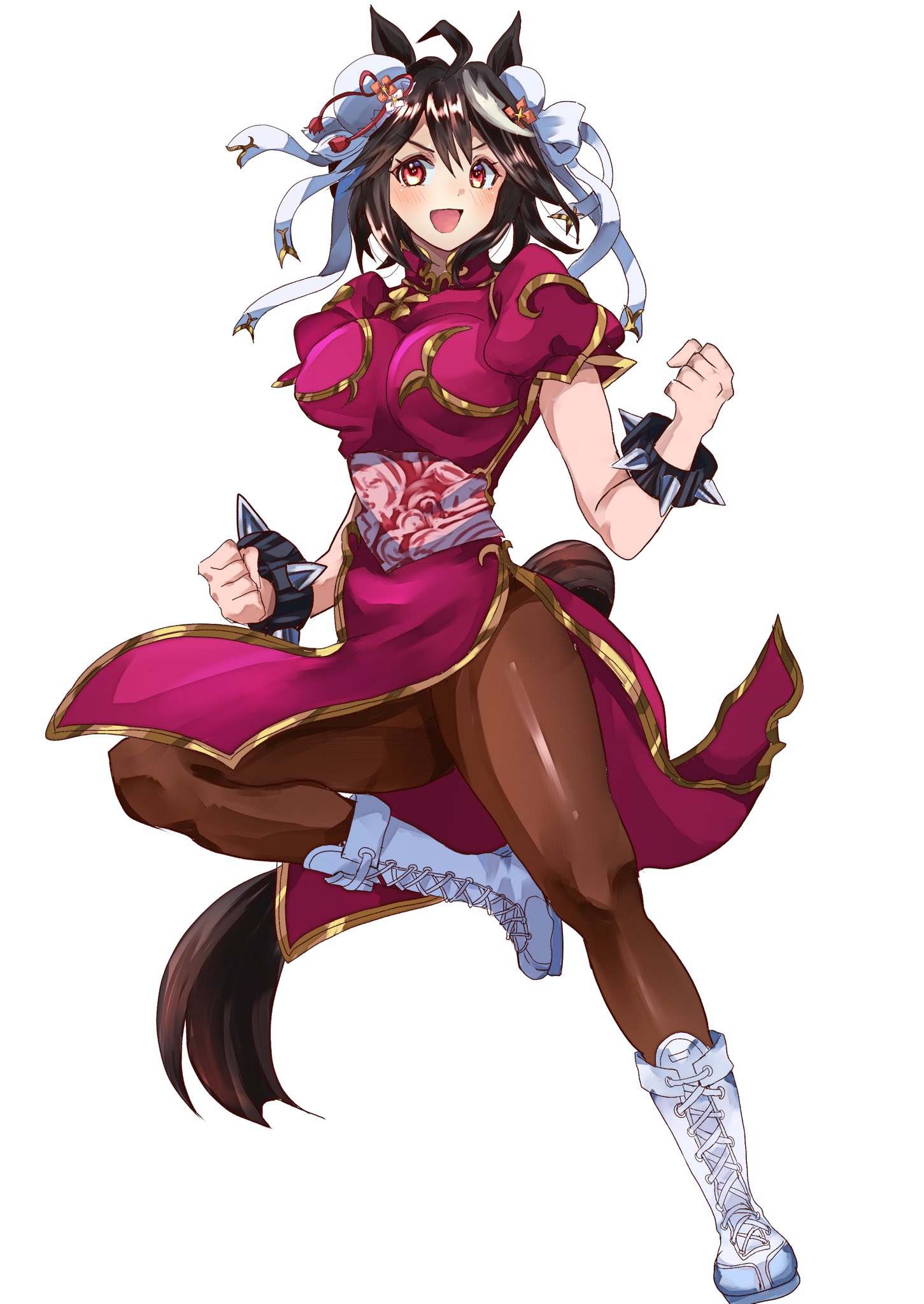 riiko25chan, chun-li, kitasan black (umamusume), capcom, street fighter, umamusume, commentary request, highres, 1girl, ahoge, animal ears, black hair, blush, boots, bracelet, breasts, brown pantyhose, bun cover, china dress, chinese clothes, cosplay, double bun, dress, hair between eyes, hair bun, hair ornament, horse ears, horse girl, horse tail, jewelry, large breasts, looking at viewer, multicolored hair, open mouth, pantyhose, pelvic curtain, pink dress, red eyes, sash, short hair, simple background, smile, solo, spiked bracelet, spikes, streaked hair, studded bracelet, tail, thick thighs, thighs, white background, white boots