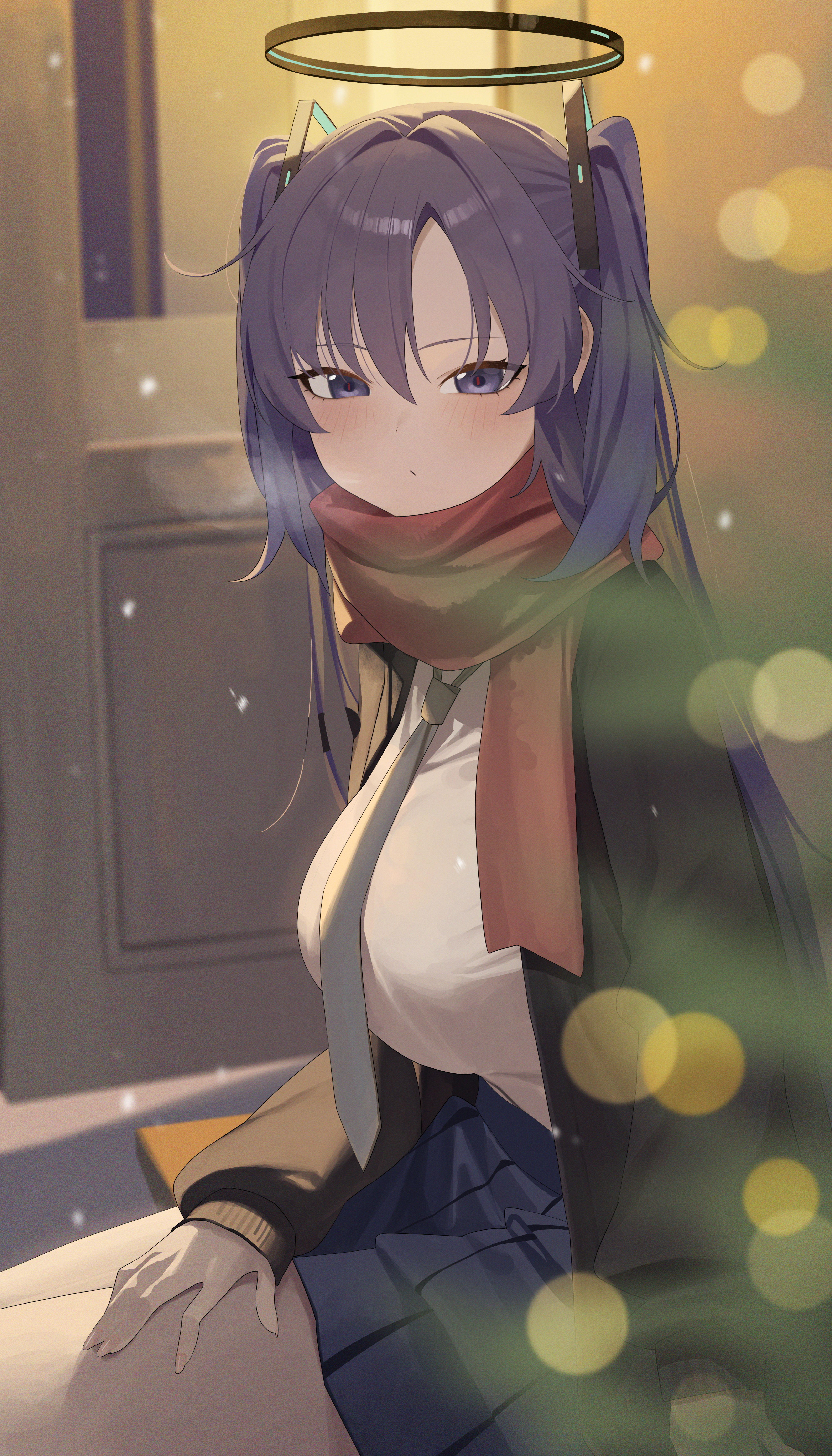 mm (mhm2592), yuuka (blue archive), blue archive, absurdres, commentary, highres, 1girl, alternate costume, black halo, black necktie, blue skirt, blush, brown jacket, closed mouth, collared shirt, from side, hair between eyes, halo, jacket, long hair, long sleeves, looking at viewer, necktie, purple eyes, purple hair, red scarf, scarf, shirt, sitting, skirt, solo, two side up, white shirt