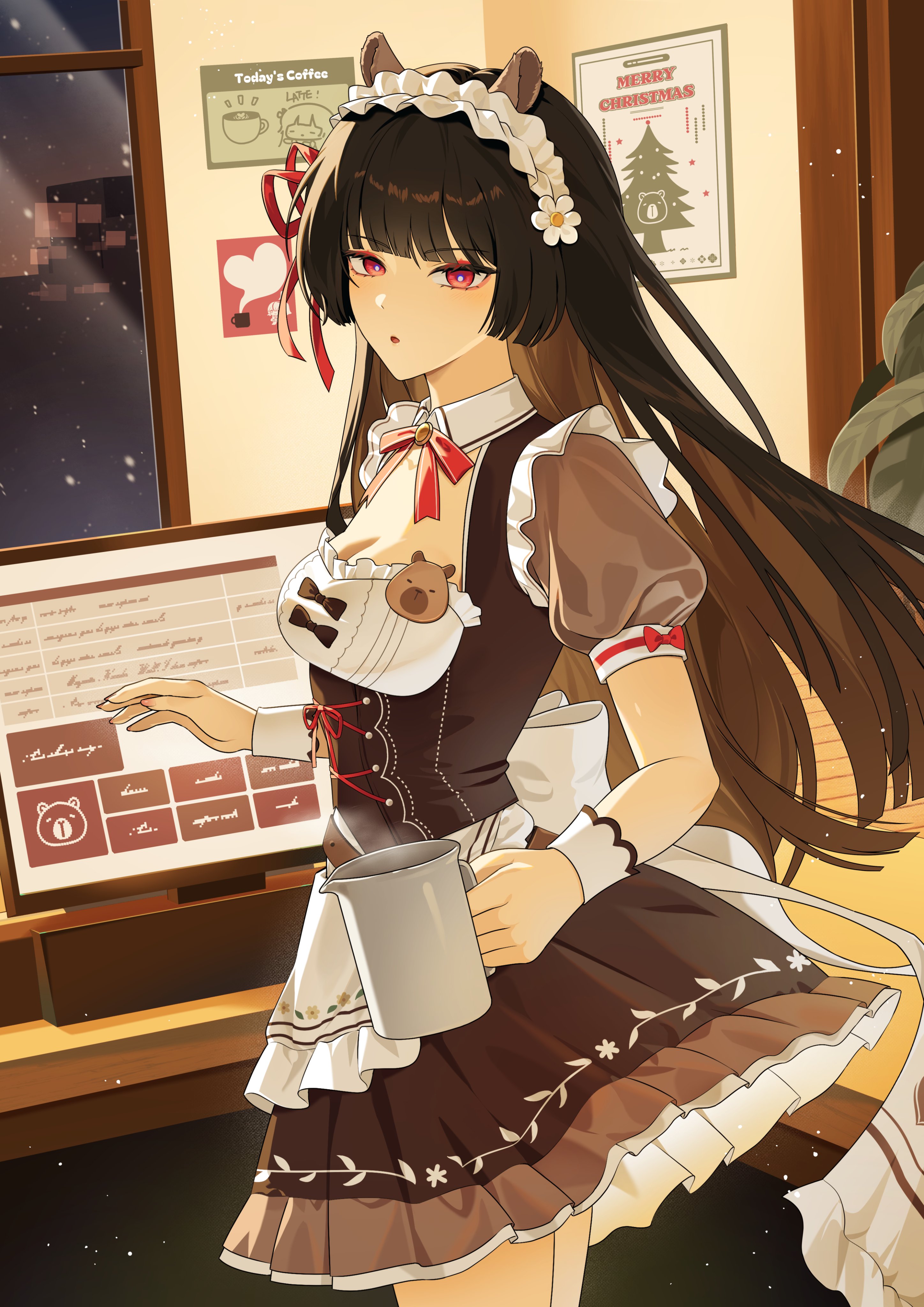 aete, chisa (wuthering waves), wuthering waves, absurdres, bad id, bad twitter id, commentary, highres, symbol-only commentary, 1girl, animal ears, apron, black hair, breasts, brown dress, cafe, capybara ears, cleavage, cowboy shot, dress, fake ad, hair ribbon, holding, indoors, long hair, looking at viewer, maid headdress, medium breasts, official alternate costume, parted lips, puffy short sleeves, puffy sleeves, red eyes, red ribbon, ribbon, short sleeves, solo, standing