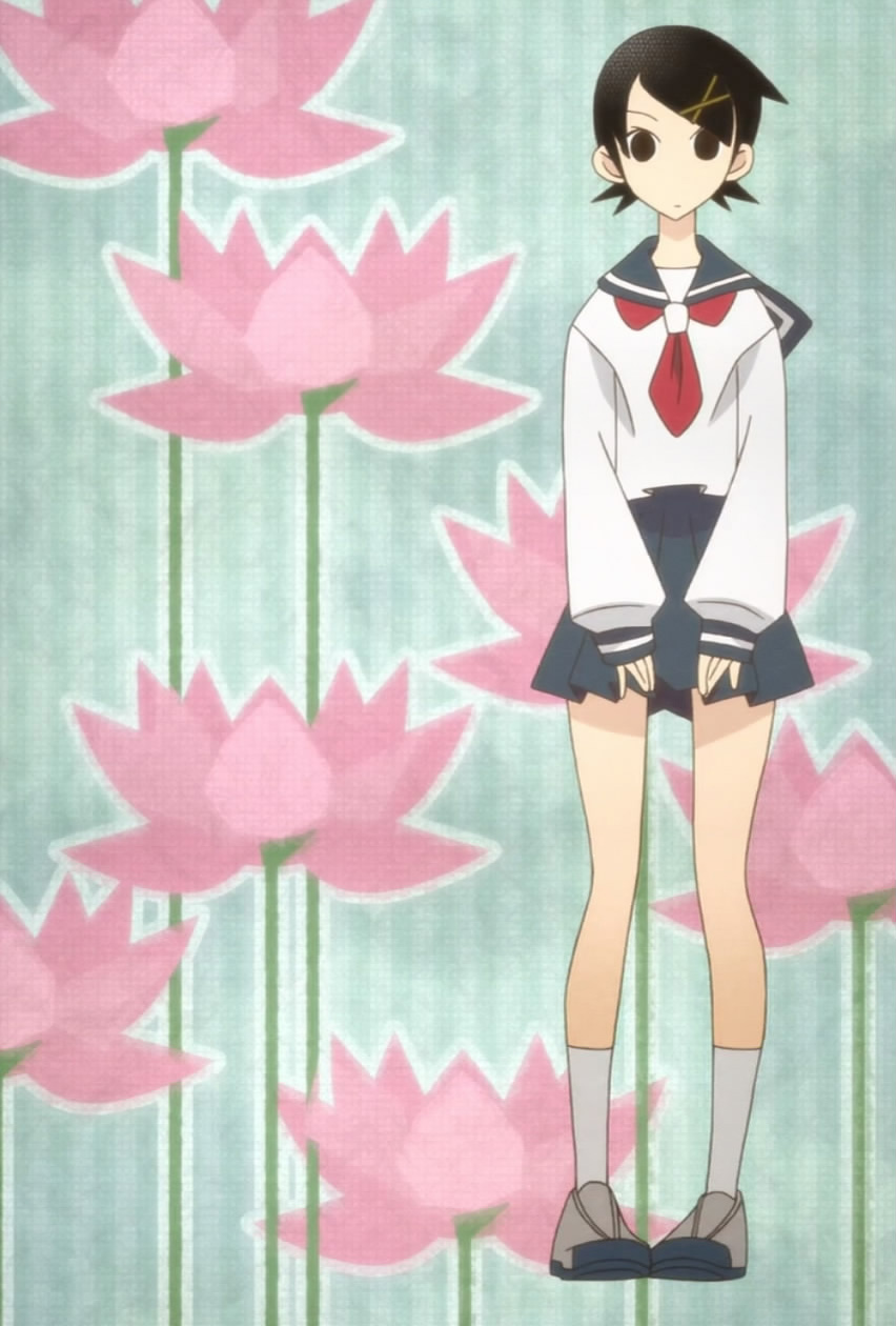 fuura kafuka, sayonara zetsubou sensei, anime screenshot, highres, stitched, third-party edit, 00s, flower, lotus, school uniform, serafuku, solo