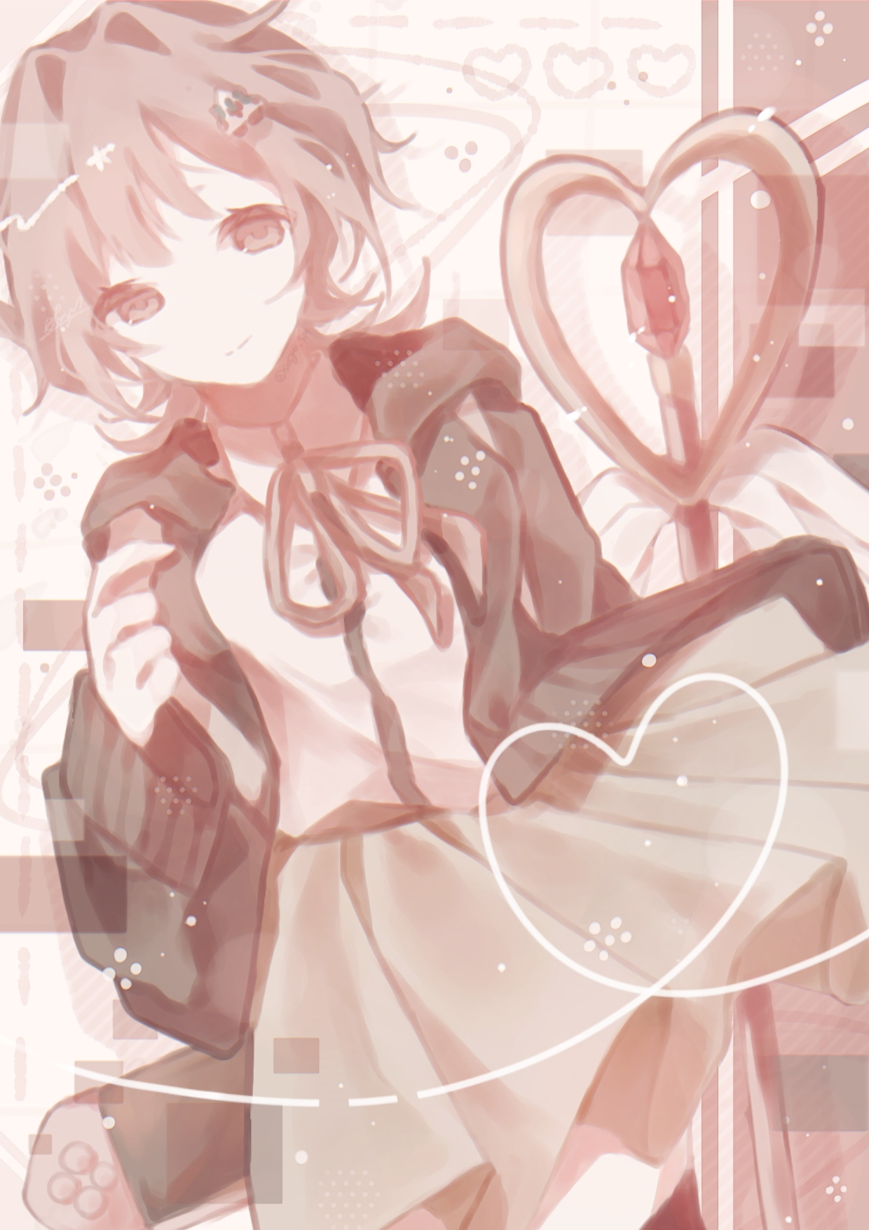 nanami chiaki, danganronpa (series), danganronpa 2: goodbye despair, commentary, highres, symbol-only commentary, 1girl, brown hair, brown skirt, collared shirt, cowboy shot, flipped hair, hair ornament, hana ame, hand up, handheld game console, heart, holding strap, jacket, long sleeves, looking at viewer, medium hair, neck ribbon, open clothes, open jacket, pink eyes, pleated skirt, ribbon, shirt, shirt tucked in, skirt, smile, solo, staff, two-tone shirt, white shirt