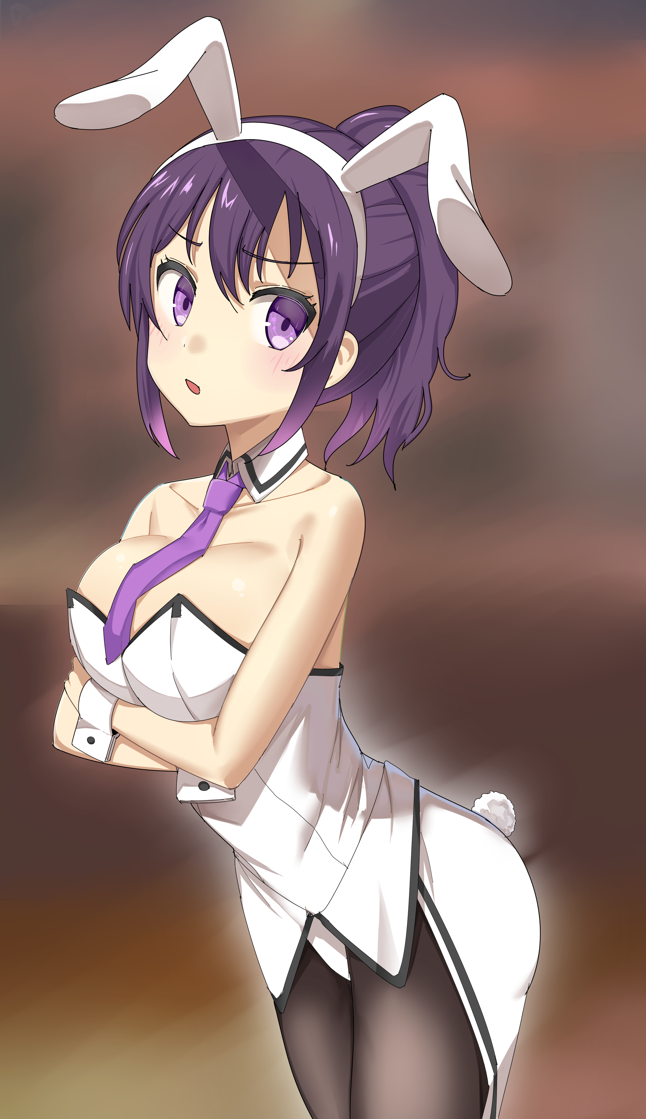 tedeza rize, gochuumon wa usagi desu ka?, absurdres, commentary request, highres, animal ears, breasts, highleg, leotard, mogune, necktie, playboy bunny, ponytail, purple eyes, purple hair, rabbit ears, rabbit tail, tail, white leotard