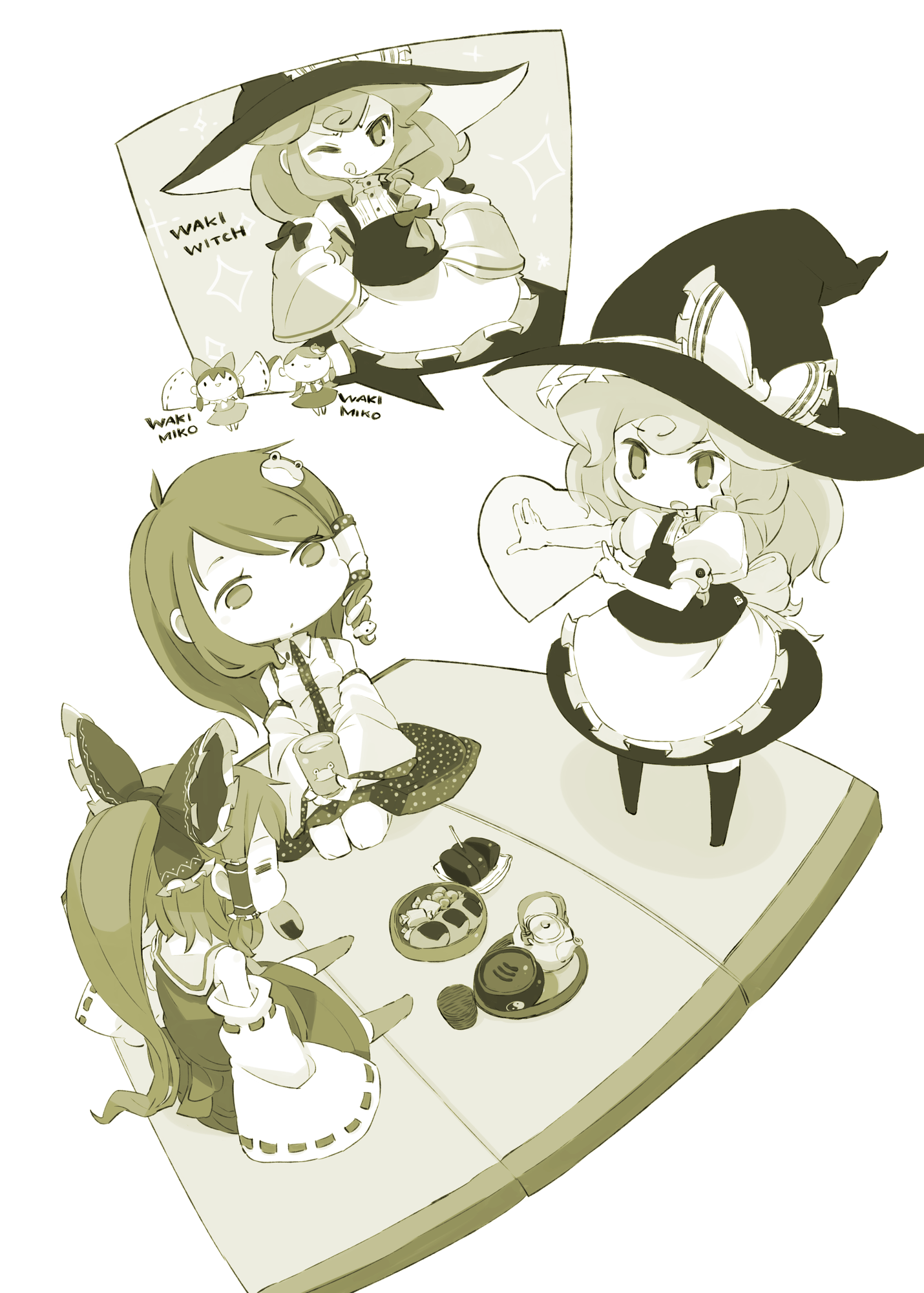 mota, hakurei reimu, kirisame marisa, kochiya sanae, touhou, highres, 3girls, armpits, chibi, detached sleeves, female focus, japanese clothes, miko, monochrome, multiple girls, yellow theme