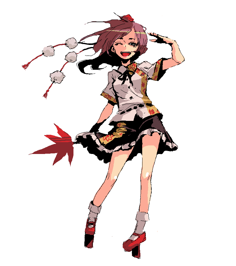 kumadano, shameimaru aya, touhou, 1girl, female focus, geta, hat, looking at viewer, oekaki, one eye closed, open mouth, salute, short hair, smile, solo, tengu-geta, wink