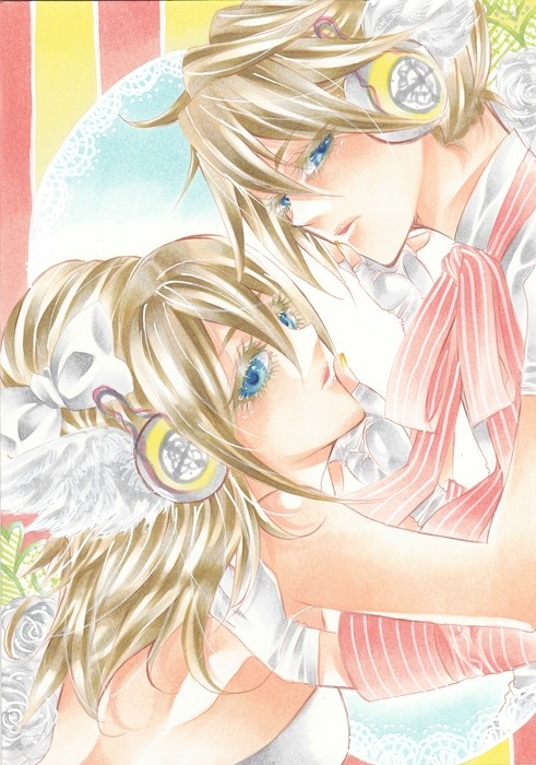 godu, kagamine len, kagamine rin, magnet (vocaloid), vocaloid, marker (medium), traditional media, 1boy, 1girl, blonde hair, blue eyes, brother and sister, fingerless gloves, flower, gloves, hair ribbon, headphones, ribbon, rose, short hair, siblings, twins, wings